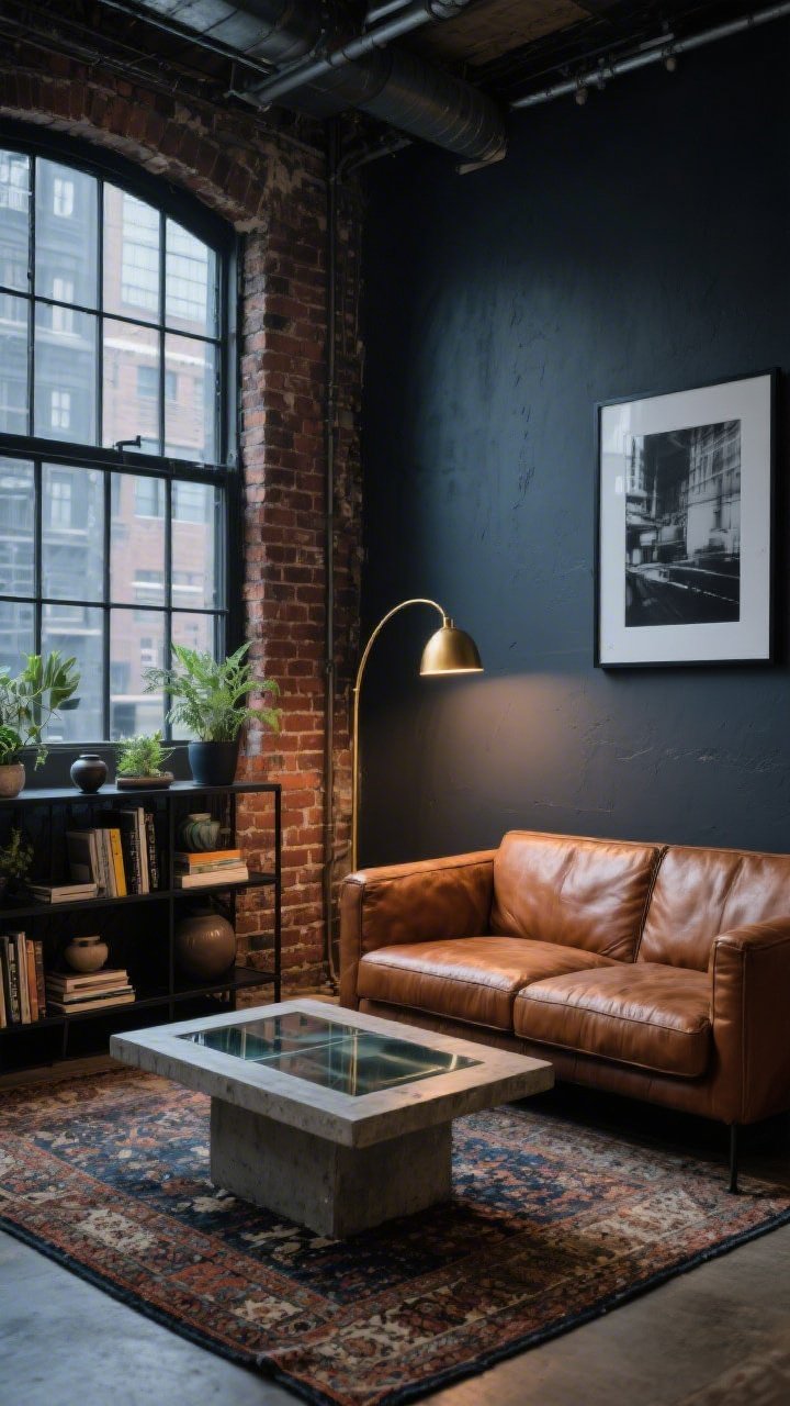 Medium corner angle of an industrial loft living area: Exposed brick wall with steel-framed windows, a cognac leather sofa, distressed Persian-style rug, black metal shelving holding plants, art books, and ceramics; concrete coffee table with smoked glass accents; brass arc floor lamp casting warm light; optional single wall painted matte charcoal; oversized black-and-white photography in thin black frames; urban palette of charcoal, rust, and inky blue; moody yet inviting, photorealistic.