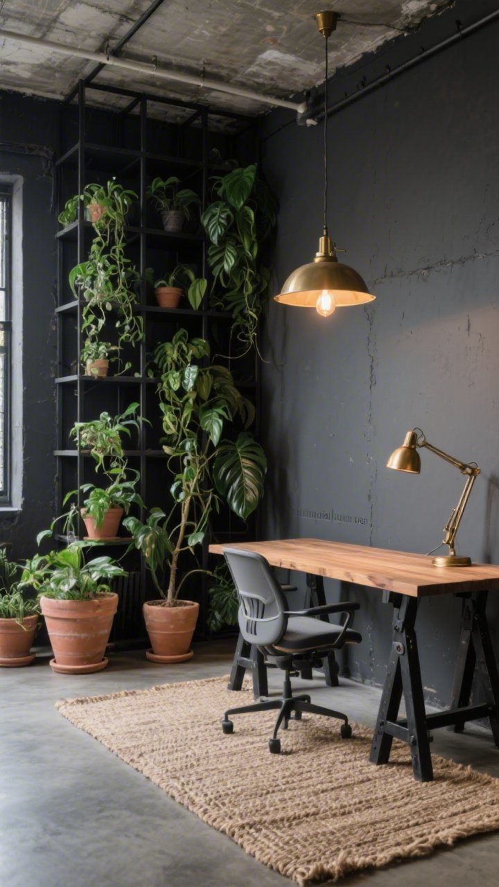 Medium corner-angle photorealistic shot of an industrial loft workspace: a charcoal accent wall covered floor-to-ceiling with a black steel modular shelving grid, pothos and philodendron vines weaving and climbing through the structure; chunky terracotta pots at varied heights; raw-edged acacia desktop on black sawhorse legs, paired with a graphite ergonomic chair; a brushed brass vintage task lamp on the desk, Edison bulb pendant overhead adding warm glow; woven jute runner on a concrete floor to soften the space; palette of charcoal, oxidized black, brass, deep green; gritty yet lush “industrial jungle” mood.
