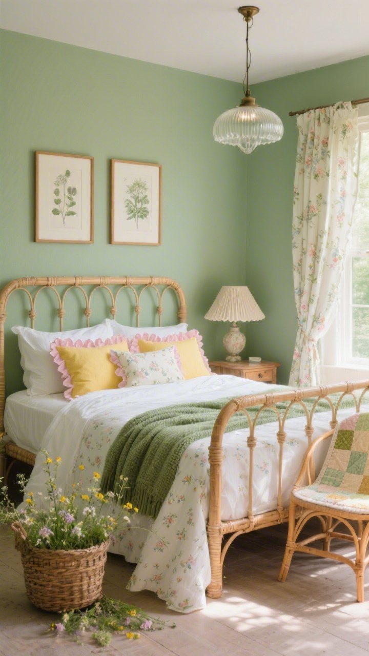 Medium corner-angle photorealistic shot of “Meadow Morning”: muted sage walls, a cane/rattan bedframe warming the green. Bed dressed in white percale sheets with a micro-floral duvet in butter yellow and soft pink, scallop-edge pillows, and a sage knit throw at the foot. Billowy cotton curtains with a ruffle header glow with sunlit softness. Lighting includes a pleated floral lampshade on a bedside table and a vintage-style pendant with a fluted glass shade overhead. Accents: basket of wildflowers on the floor, botanical prints in simple wood frames above the bed, and a small bentwood chair draped with a quilt. Fresh, airy spring morning light.