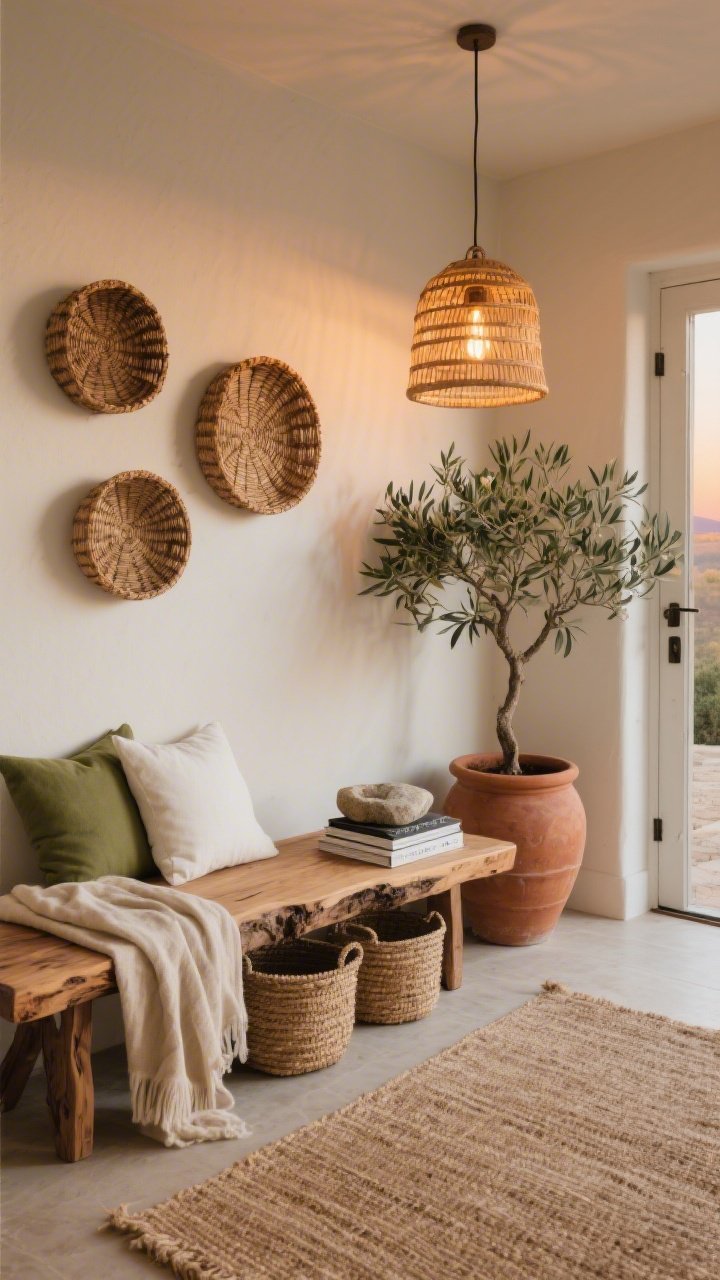 Medium corner-angle photorealistic view of a warm organic entry: a live-edge natural wood bench topped with linen cushions and a draped neutral throw; three woven baskets arranged as wall art above; a jute rug underfoot; a large terra-cotta pot with an olive tree framing the doorway; woven lidded baskets tucked under the bench for storage; a small stone catchall and a short stack of design books on the bench; lighting from a rattan pendant with warm bulbs creating a sunset glow; color palette of sand, caramel, clay, soft white, and olive green; breezy, unfussy mood, no people.