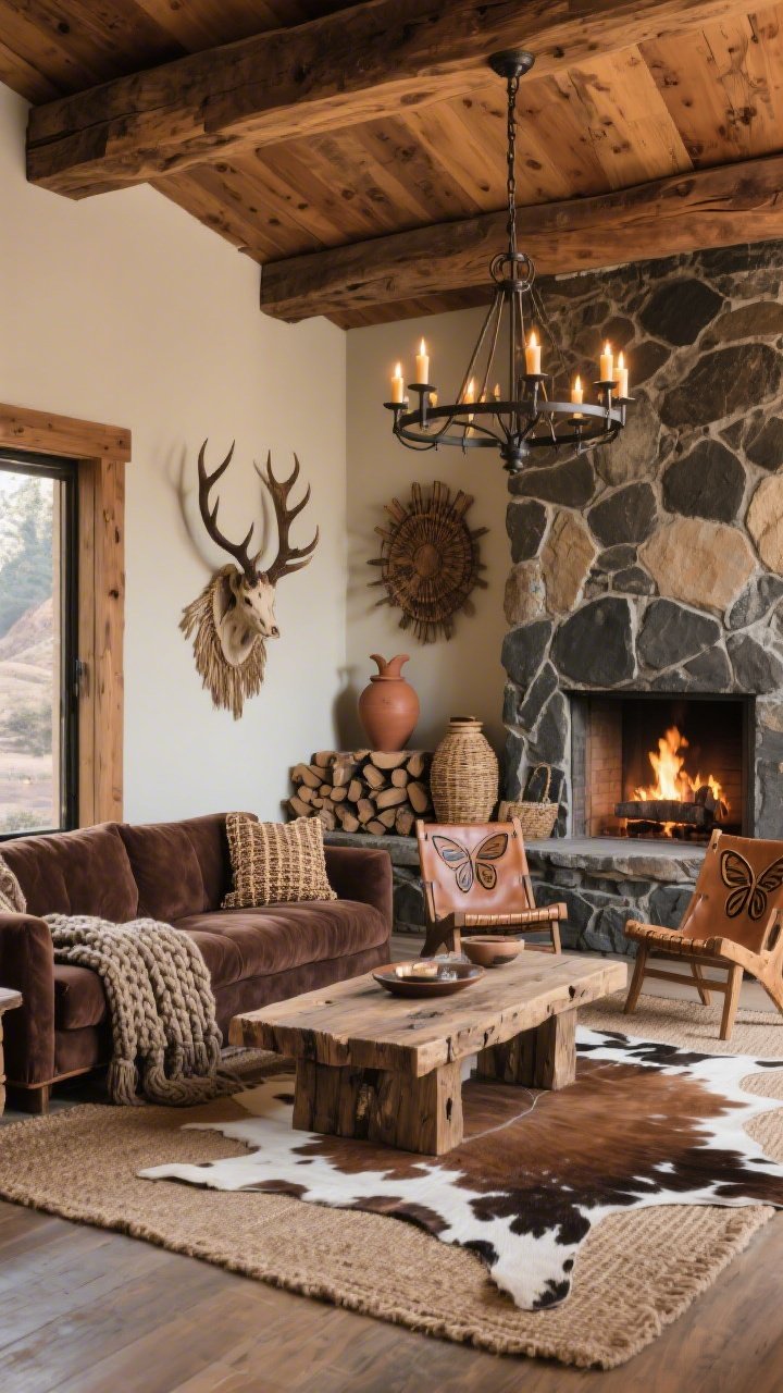 Medium corner angle: Rustic canyon boho with exposed warm wood beams and a stone-look accent wall around the fireplace; chocolate suede sofa draped with a heavy-knit throw; chunky reclaimed wood coffee table and a pair of butterfly leather chairs; woven antler-inspired decor on the wall; layered cowhide over a jute rug; iron candelabra chandelier with warm bulbs; clay pots, woven baskets, and neatly stacked firewood as decor; palette of tobacco, cream, charcoal, and warm oak; cozy firelit atmosphere, photorealistic.
