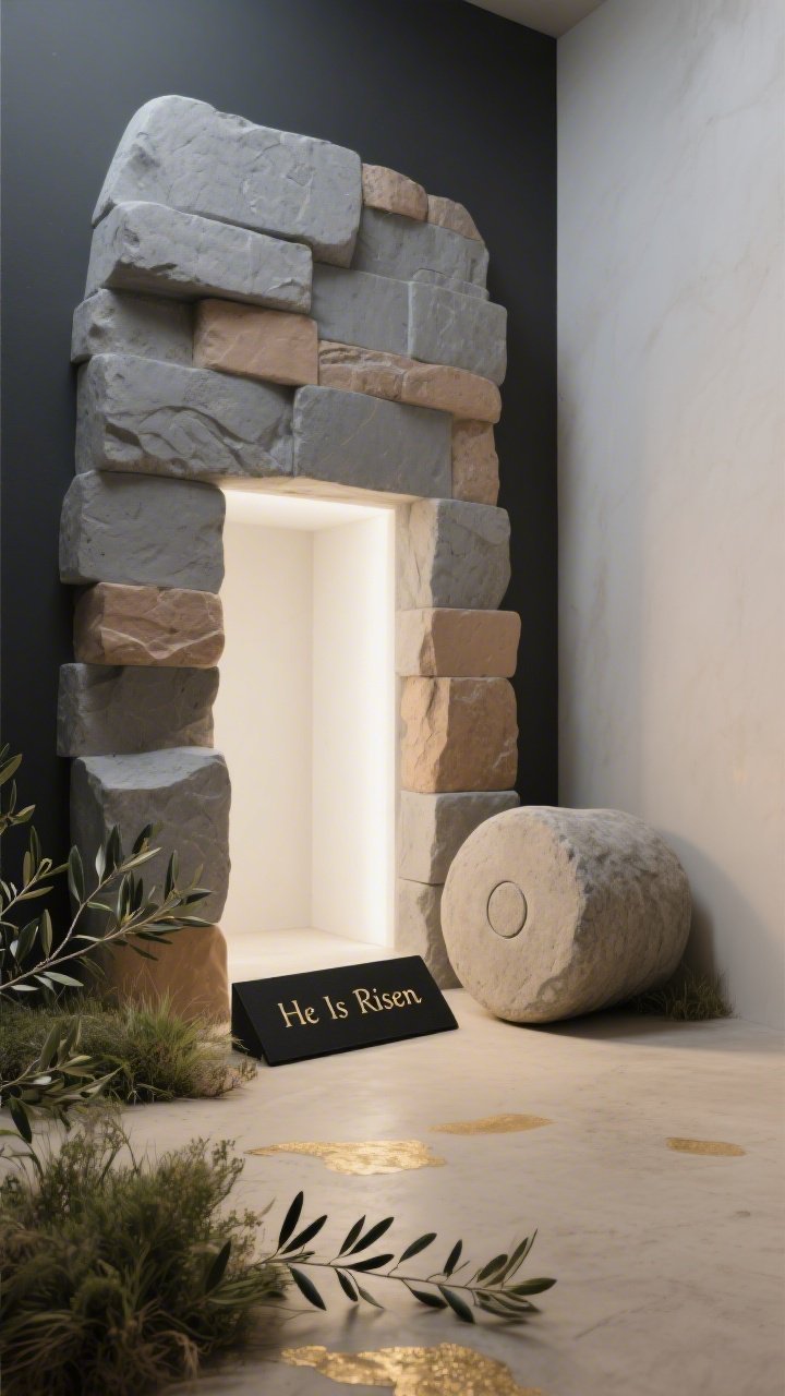 Medium, corner-angle shot of a “Modern Empty Tomb Scene”: sculptural stone “tomb” wall made from stacked foam panels painted in layered grays and warm taupes, textured like limestone. A large circular “stone” sits rolled to the side. The tomb opening is backlit with a warm white glow spilling forward onto the floor. Color palette: charcoal, limestone, soft sand with subtle gold accents. Low, wild greenery and olive branches cluster around the base. A matte black plaque with discreet hand-lettered “He Is Risen” rests near the opening. Slight haze catches the light, cinematic but reverent, photorealistic.