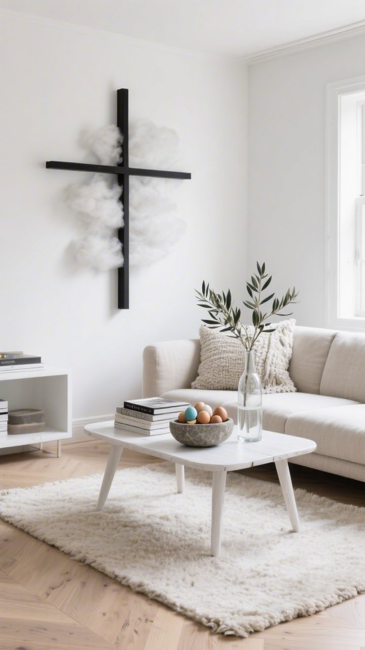 Medium, corner-angle shot of a Scandinavian living room: pale oak floors, low-profile oatmeal linen sofa, whitewashed coffee table with tapered legs; feature wall with a sleek matte black metal cross centered; cloud whites, cool grays, black accents; textures include nubby throws, boucle pillows, pale wool rug; styled tabletop with stacked coffee table books, a stone bowl of painted wooden eggs, and a single olive branch in a tall glass vase; airy natural light filling the space, photorealistic, no people