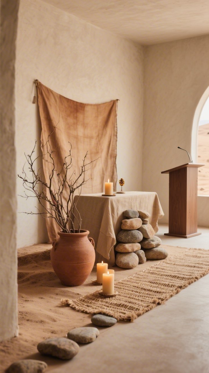 Medium, corner-angle shot of an altar vignette evoking a desert pilgrimage, in a palette of sand, sienna, and clay; a low clay urn filled with dry branches; a stack of river stones off to one side; a woven jute runner across the altar; two beeswax pillar candles glowing warmly like campfire light; back wall draped with a tea-dyed canvas drop cloth for soft depth; a narrow path of flat stones leading toward the lectern visible at frame edge; tactile textures emphasized; gentle, earthy lighting.