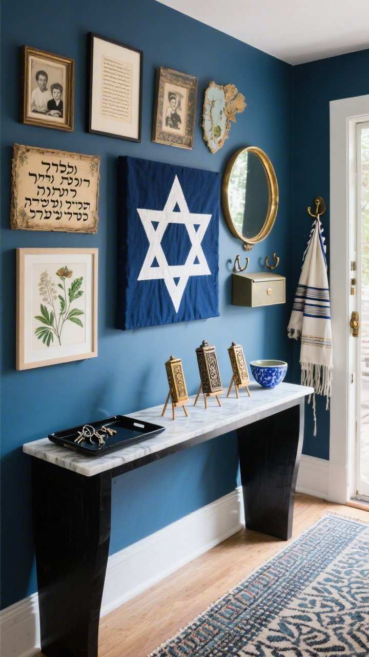 Medium, corner-angle shot of an Eclectic Gallery entryway: ink blue walls, a narrow black console with a marble top. Above, a curated gallery wall mixing vintage Judaica prints, family photos, botanical art, typographic Hebrew blessings, and a bold hand-painted Star of David canvas in white on indigo linen as a standout piece. A round brass mirror adds light bounce. A lacquered tray corrals keys; three antique mezuzah cases are displayed on small easels. A patterned runner grounds the floor, with aged brass hooks on the side wall for a tallit or scarves. Include a ceramic bowl with blue glaze for mail. Soft, indirect daylight. Photorealistic.