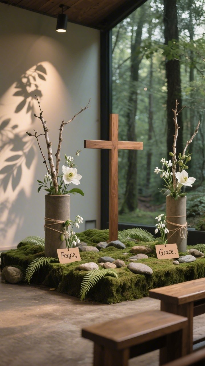 Medium, corner-angle view of a Woodland Resurrection Retreat altar vignette: low platform covered in moss sheets with tucked ferns and scattered river stones; a simple wooden cross centered; tall urns flanking the cross filled with birch branches; minimal flowers—white hellebores and snowdrops—placed sparingly; pew markers made of thin twine with a sprig of olive and kraft cardstock tags reading “Peace,” “Hope,” “Grace.” Lighting uses soft spotlights filtered through leaf-pattern gobos to create a forest-dappled effect; deep greens, earthy taupes, moss and stone textures; contemplative, grounded atmosphere; no people, photorealistic.