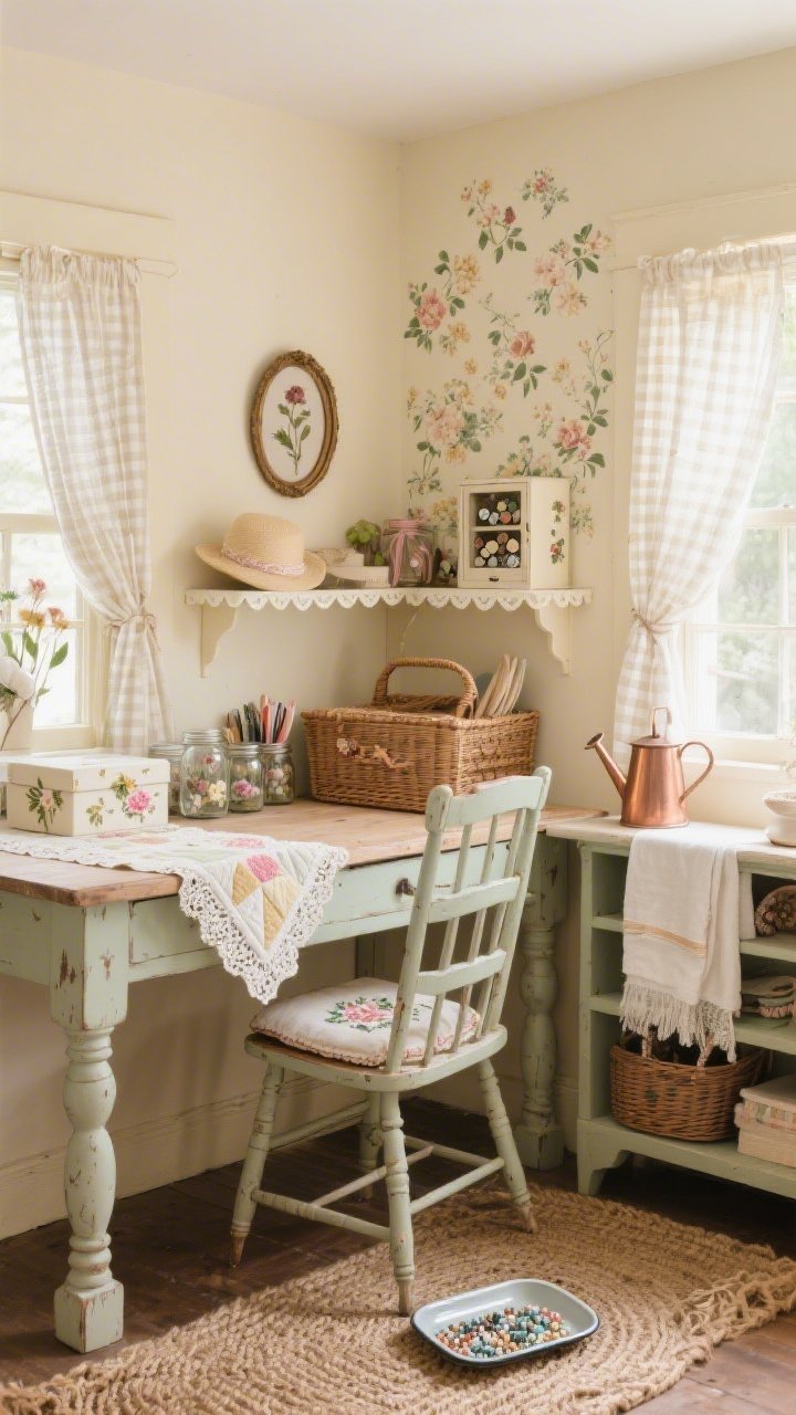 Medium corner shot: A cozy cottagecore craft nook with buttercream walls and a tiny floral wallpaper accent, a vintage farmhouse desk with turned legs and gentle dings, cotton gingham cafe curtains filtering warm daylight, a thrifted ladder-back chair with a needlepoint cushion, painted mason jars organizing tools, a wicker picnic basket tucked beneath, open shelves with scalloped edges holding floral hat boxes and a small curio cabinet of buttons and ribbons, a quilted runner on the tabletop, lace-trimmed towels, and a braided jute rug; pressed flowers in oval frames, a copper watering can, and enamelware trays for beads; soft, nostalgic atmosphere, photorealistic.