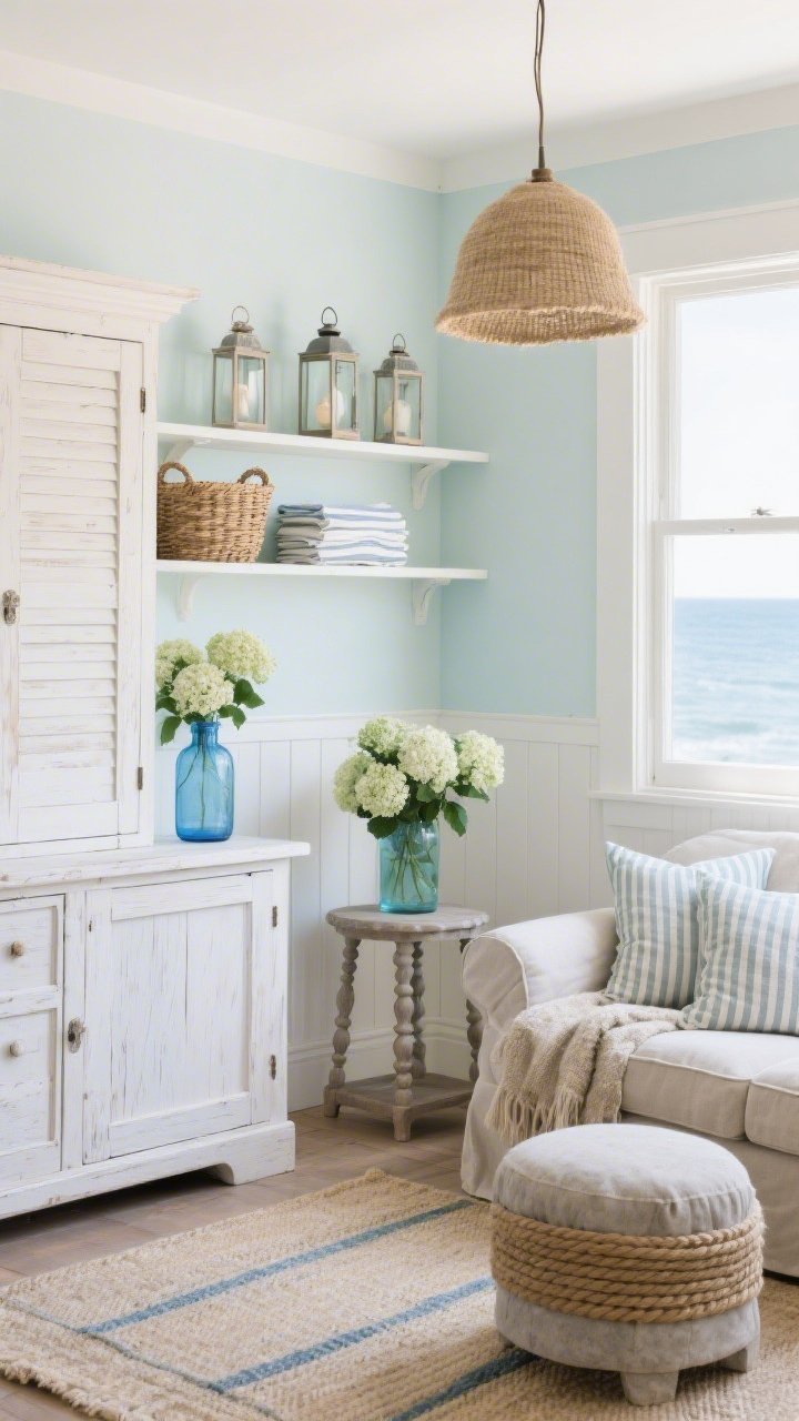 Medium corner shot, Coastal cottage calm: soft sea-salt walls with beadboard wainscoting, a whitewashed oak parlor cabinet with shutter-style doors; shelves styled with woven baskets, a blue glass jar holding snipped hydrangeas, and a tidy stack of linen napkins; nearby a slipcovered loveseat in stone, a spindle-leg side table, and a rope-wrapped ottoman; jute pendant light overhead and hurricane lanterns grouped on a mantle in the background; textiles include striped ticking pillows, a nubby wool throw, and a flat-weave rug with faded blue bands; palette of chalky white, pale blue, sea glass green, and warm sand; soft daylight from a seaside window, photorealistic, angled corner view.