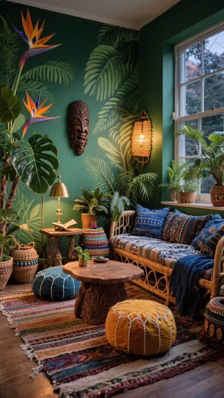 Medium corner shot, Jungle Lounge With Global Layers: lush boho sunroom corner with deep green walls (or leafy mural), striped kilim rug layered with a smaller patterned flat-weave, a rattan daybed piled with mudcloth and indigo textiles, cozy floor cushion cluster around a carved mango wood table, bright Turkish pouf; plants at layered heights including monstera, bird of paradise, rubber tree, and ferns; brass pharmacy lamp for reading and woven sconces casting warm pools of light; beaded baskets, travel textiles, and a carved mask as a focal piece; windows cracked open, evening ambience, angled corner perspective, photorealistic.