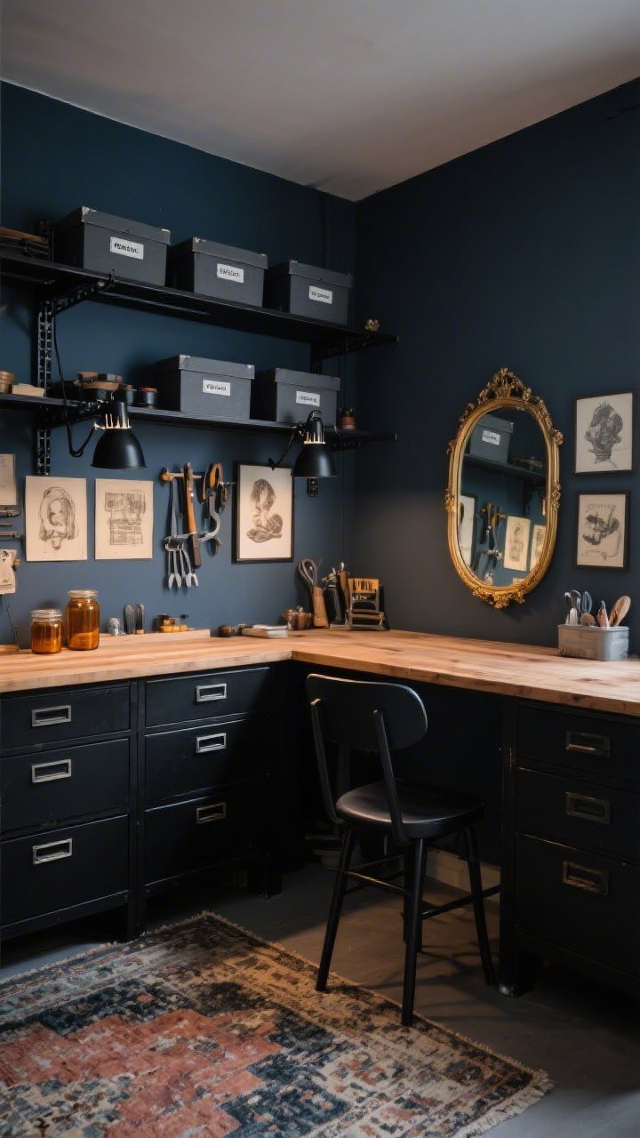Medium corner shot, Moody Maker’s Atelier: charcoal blue painted walls with a butcher-block KARLBY countertop on matte-black ALEX drawers; mounted MOSSJÖN black metal shelves and black SKÅDIS accessories for tools; distressed LOHALS rug underfoot; a brass-framed mirror reflecting moody, low-key light; KUGGIS boxes in dark gray lined on high shelves with labels; RANARP black clamp lamps attached to shelves spotlighting the work surface; decor of vintage-style art prints, amber glass jars for tools, and a black LÅNGFJÄLL chair; dramatic, cozy atmosphere with warm highlights and deep shadows, photorealistic.