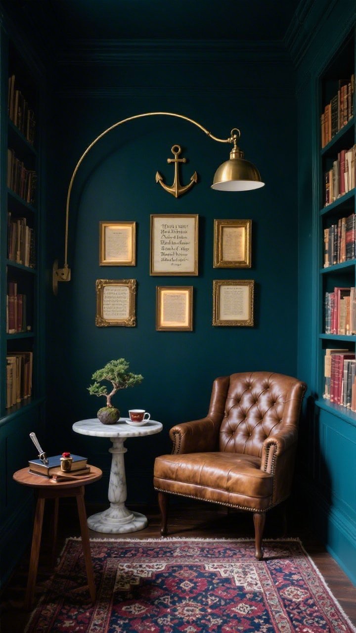 Medium corner shot of a moody library nook: walls in deep indigo or charcoal green with built-in bookcases, a tufted leather chair, and a tight gallery wall of small vintage gilded frames (5x7, 8x10, one 11x14 anchor) containing parchment-style Scripture prints in mixed serif and script, some with illuminated capitals. Frame bottoms aligned on a straight line. Brass pharmacy lamp arcing overhead, tiny marble pedestal table with tea and a bonsai fig, Persian rug in berry and navy. Include leather-bound Bibles, antique letter opener, and wax seal kit on the side table. Low, intimate lighting, hushed atmosphere.