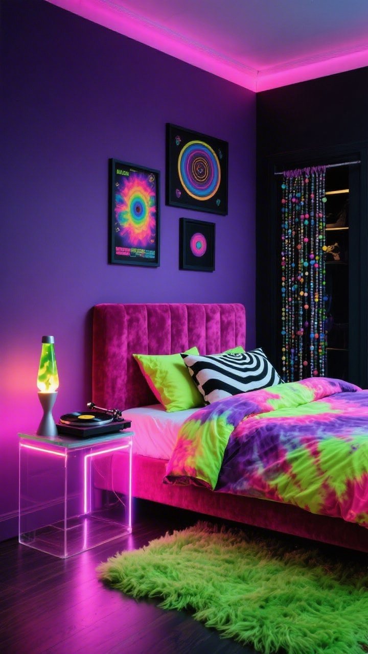 Medium corner shot, Psychedelic Pop bedroom with high-energy color: deep grape-purple headboard wall, velvet magenta headboard; tie-dye bedding in neon chartreuse, hot pink, and purple tones with black-and-white optical pillows; shag rug in electric green underfoot; lava lamp glowing on a lucite side table; color-changing LED strip casting an inky black-anchored glow behind the bed; psychedelic posters in black frames and a beaded curtain at the closet; vintage record player on a low stand; photorealistic, vibrant nighttime lighting.