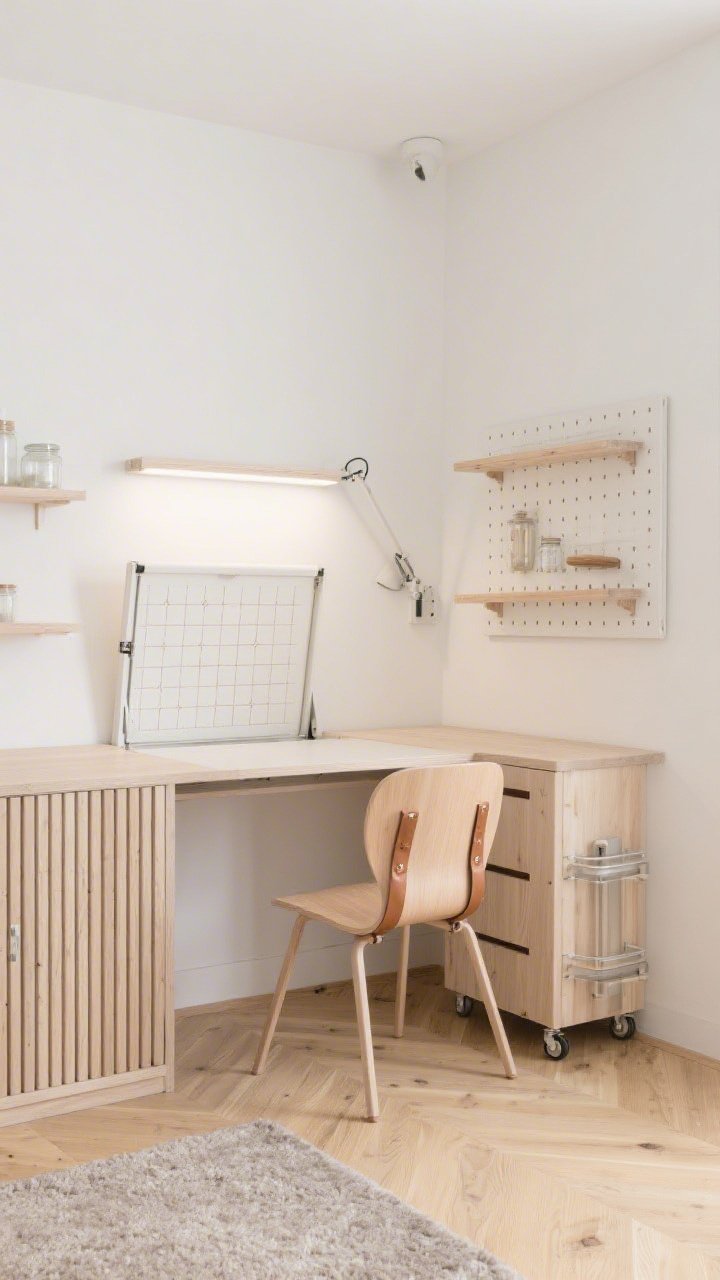 Medium corner shot, Scandinavian Foldaway Maker Corner: warm white walls and blonde wood flooring with a felted wool mat; pale oak fold-down wall desk open, revealing a neatly stenciled tiny grid on the surface; slatted storage cabinet closed beside it with natural leather-wrapped pulls; slim birch pegboard panels with minimal tools; shallow shelves with clear jars; pull-out rolling cart nested under the desk; molded plywood chair with soft curves; slim wall sconce with a swivel arm and an under-cabinet task strip casting clean light; calm, airy, clutter-free Scandinavian mood, corner perspective.