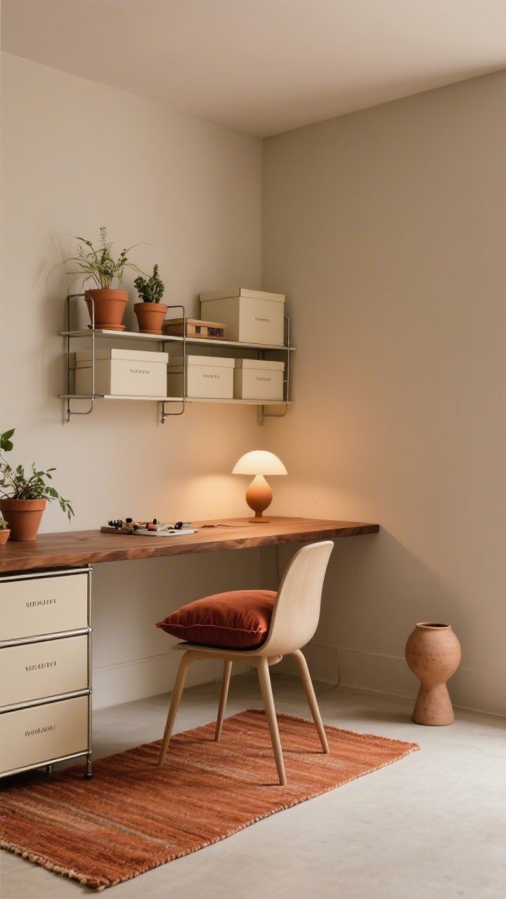 Medium corner shot: Warm minimal craft area with muted oatmeal walls, a warm walnut desk, cream metal open shelving lined with matching matte cream boxes labeled in simple typography; terracotta planters adding cozy color and a rust-toned lumbar cushion on a molded chair; a low-profile terracotta runner rug grounding the scene; one small sculptural ceramic table lamp glowing softly; palette of oatmeal, walnut, cream, and terracotta; warm, inviting photorealistic lighting.