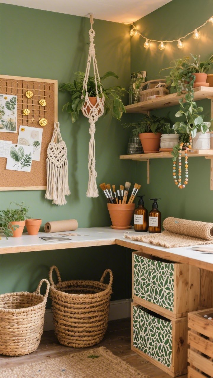 Medium corner shot with layered textures: A botanical boho maker’s corner in a green-and-clay palette. Rattan baskets and honey-stained wood crates (from the craft aisle) with patterned contact paper inside for a pop. Terracotta pots hold brushes atop a compact workstation. Macramé plant hangers drape overhead, a corkboard grid displays inspiration clippings with gold pushpins, and a rolled-up jute mat leans nearby for messy projects. Labeled amber spray bottles sit on a shelf; a beaded tassel garland hangs above. A subtle string light strand is tucked along the shelves for cozy evening glow. Warm ambient lighting, photorealistic.