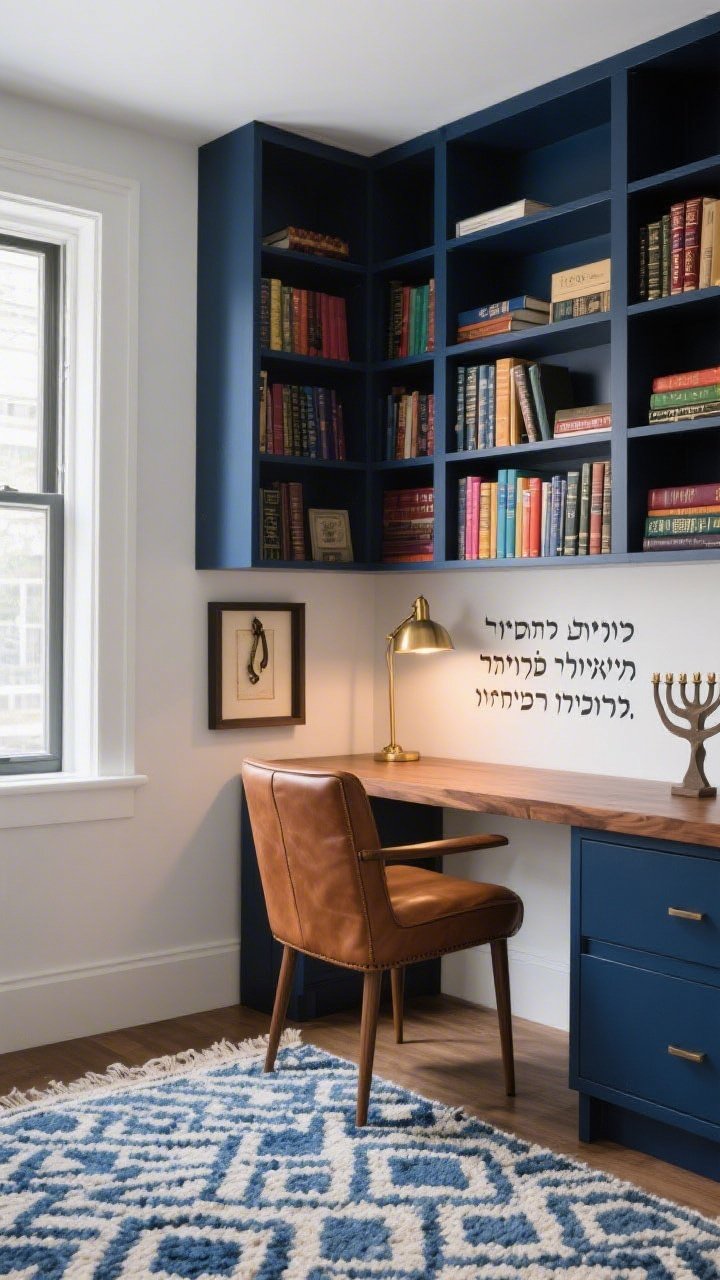 Medium corner study: Floor-to-ceiling deep navy shelves filled with colorful Jewish texts and prayer books, a low-profile walnut desk facing a bright window, a high-backed brown leather chair, a slender brass task lamp creating a warm pool of light over a hand-lettered Hebrew quote, warm white walls, a wool rug with blue-and-cream geometric patterns beneath, a shadow box displaying a vintage tallit clip, and a minimalist sculptural menorah on a credenza; serene, scholarly, quietly soulful, photorealistic.