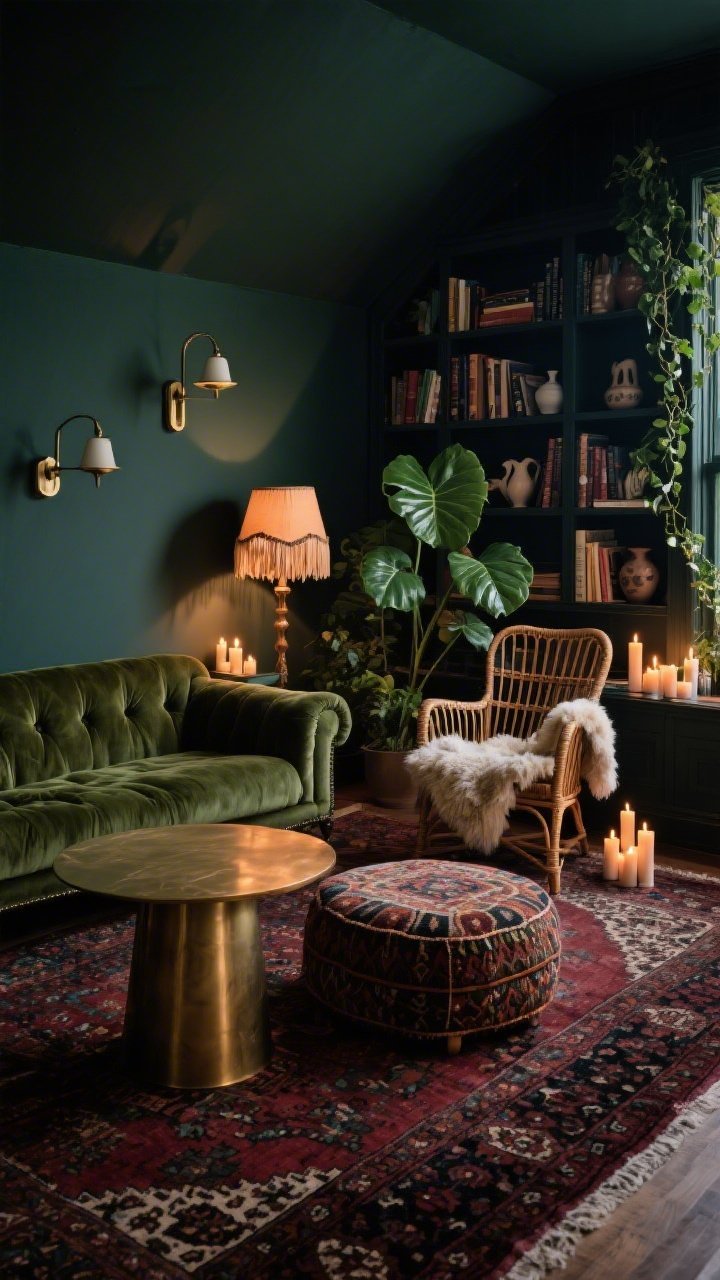 Medium cozy nook, Moody Boho Reading Retreat: deep charcoal green walls, Persian-style rug in garnet and ink anchoring the floor; velvet chesterfield in moss, low round brass table, kilim-covered ottoman; built-in bookcases filled with dog-eared novels and pottery; articulating wall sconces and a fringed floor lamp casting warm pools of light, clusters of candles flickering; dark-stained rattan chair with a shearling throw for contrast; greenery with a fiddle-leaf fig and trailing ivy softening edges; intimate, cocoon-like atmosphere, evening moody lighting, angled perspective, photorealistic.