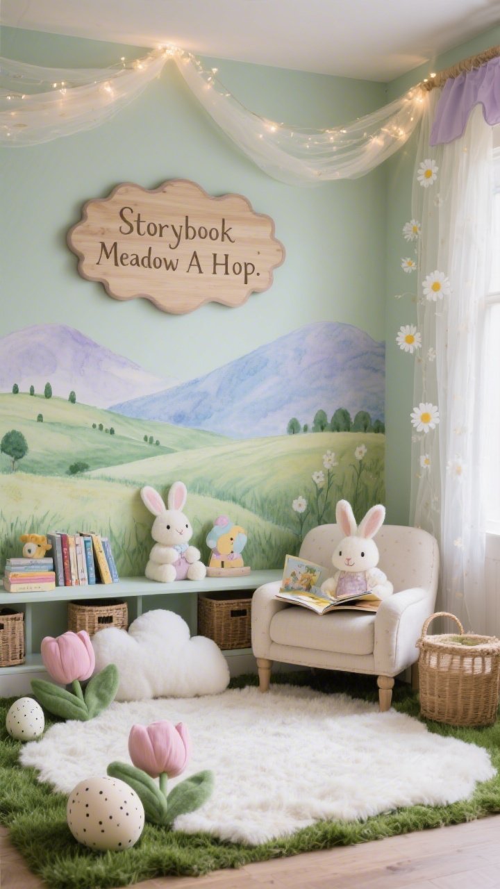 Medium, cozy nook, straight-on: “Storybook Meadow Lounge” with a soft sage wall and a watercolor mural of rolling hills. A plush ivory rug anchors floor pillows shaped like tulips and clouds. Oversized speckled eggs peek from felt “grass” along the base of the wall. Cartoon bunnies sit reading open picture books. Above, a scalloped wooden sign in hand-painted script reads “Once Upon A Hop.” Include low book ledges, a kid armchair, and cane storage baskets. Sheer canopy draped in daisy fairy lights adds a dreamy glow. Colors: sage, lavender, powder blue, cream. Gentle, diffused lighting emphasizing soft textures; photorealistic.
