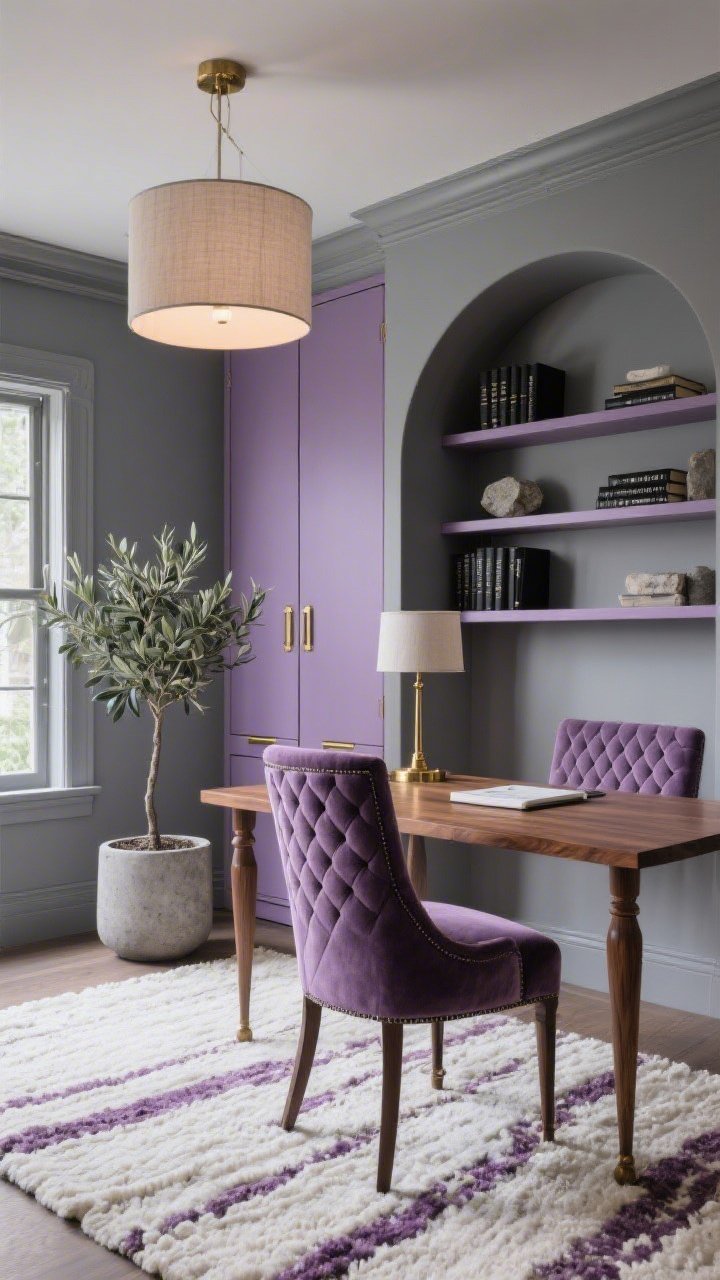 Medium, diagonal view of a luxe home office with gray-lavender walls shifting subtly with light; walnut writing desk with tapered legs on a hand-knotted ivory-and-plum rug; channel-tufted desk chair in dusty purple velvet; closed storage cabinets painted lavender with brass pulls; arched brass floor lamp and a linen drum ceiling fixture casting warm, focused illumination; built-in shelving styled with matte black bookends and stone objects; a potted olive tree in a textured concrete planter adding life; moody, sophisticated calm, photorealistic.