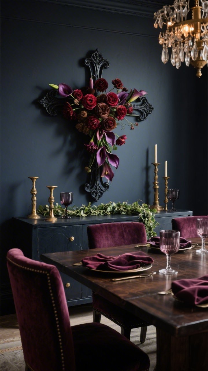 Medium dining room scene with moody drama. Charcoal/deep navy walls, a long dark wood table and high-back upholstered chairs. Above the buffet, a blackened iron cross densely clustered with deep burgundy ranunculus, chocolate cosmos, and plum calla lilies. Aged brass candlesticks, smoky glassware, velvet napkins on the buffet with a runner of trailing ivy connecting the arrangement. Palette: wine, oxblood, aubergine, brass. Warm, low, dimmable chandelier light, rich shadows, couture silhouette.