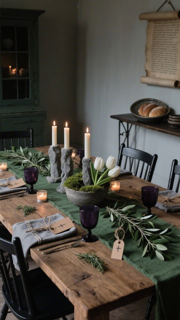 Medium dining room shot, “Garden of Gethsemane Dining Room”: Natural wood table with a deep eucalyptus green table runner, olive branches and rosemary woven along the center, scattered small votives casting a moody, contemplative twilight glow. Place cards are tiny kraft tags tied with twine and a sprig of thyme. Center arrangement: three stone-textured pillar candles and a low bowl of moss with white tulips peeking through. Palette of sage, olive, stone gray, matte black. Unfinished oak table, black spindle chairs, a narrow iron console holding serveware. Ceramic bread plate, dark grape-toned goblets, linen napkins with stitched cross detail. A scripture scroll hanging beside the hutch. Photorealistic, intimate, candlelit atmosphere, no people.