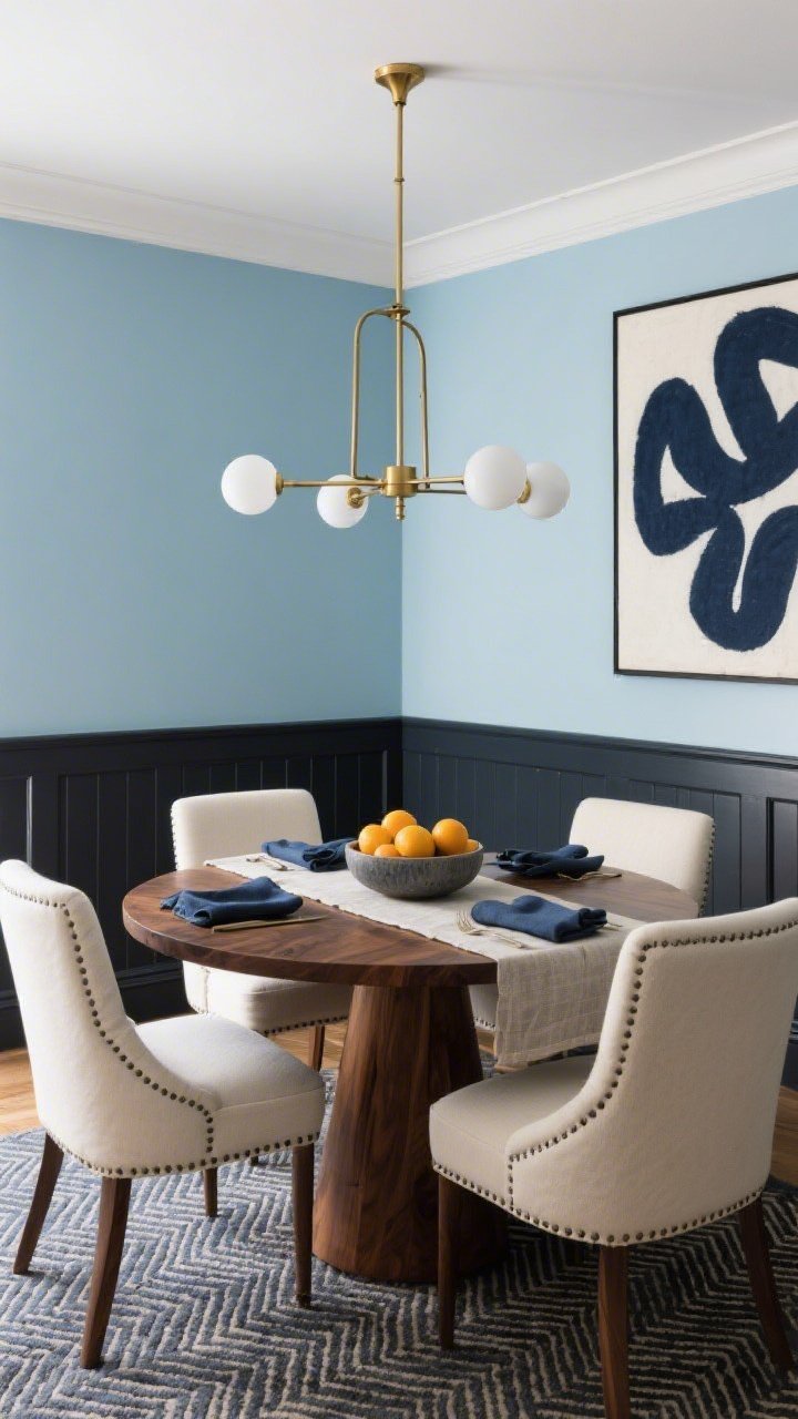 Medium dining room shot: Moody-sunny mix with upper walls painted a light, clear blue and charcoal wainscot below; a round walnut table centered with a low ceramic bowl of citrus, surrounded by upholstered cream chairs; a modern brass chandelier with milk-glass globes overhead; slate, brass, walnut, and soft blue accents, one large ink/navy abstract echoing trim tones, linen table runner, slate-blue napkins, and a subtle herringbone rug; balanced contrast, inviting yet dramatic, corner perspective.