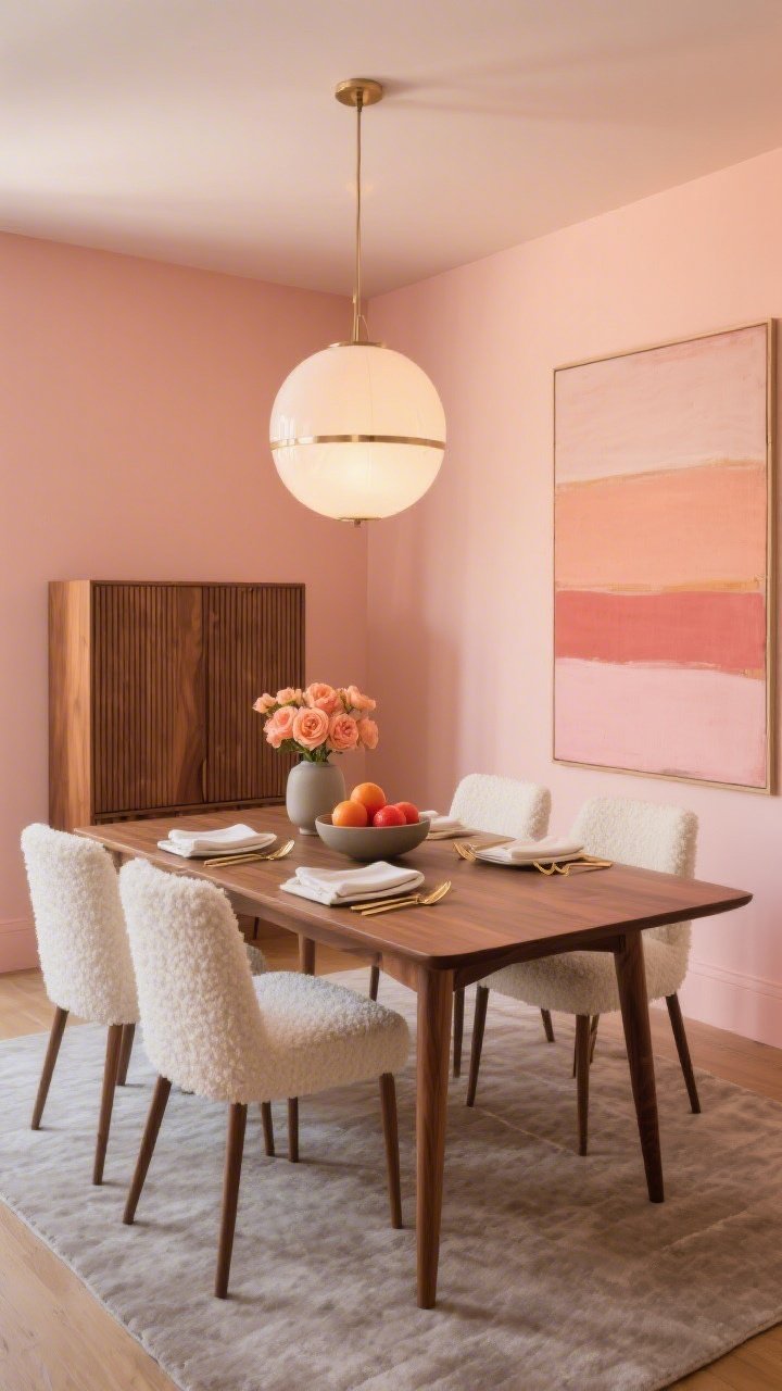 Medium dining room shot, three-quarter angle: Walls in soft peach sorbet, warmly luminous under evening light. Streamlined walnut dining table with tapered legs, surrounded by upholstered ivory boucle chairs. Overhead, a contemporary opal globe chandelier glows. Slim walnut sideboard with ribbed fronts along one wall. Oversized color-field canvas in blush, peach, and nude tones. Tabletop set with matte stoneware, brushed-gold flatware, and warm white linen napkins. Low-contrast pale taupe rug grounds the scene; bowl of blood oranges (or vase of apricot ranunculus) adds a final touch. Modern glam mood, photorealistic.