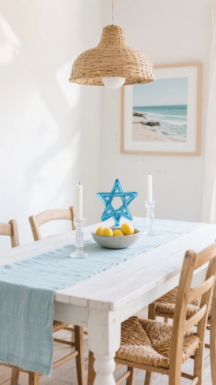 Medium dining scene, coastal style, soft morning light: whitewashed farm table with woven seagrass chairs and a pale blue linen runner; centered is a hand-blown blue glass Star of David candle holder, flanked by short white tapers in clear glass holders and a simple bowl of lemons; overhead rattan pendant casting a gentle, relaxed glow; backdrop with asymmetrically hung framed coastal photo in light oak; palette of soft white, sea glass blue, and sandy beige; textures of linen, seagrass, whitewashed wood; calm, breezy, photorealistic.
