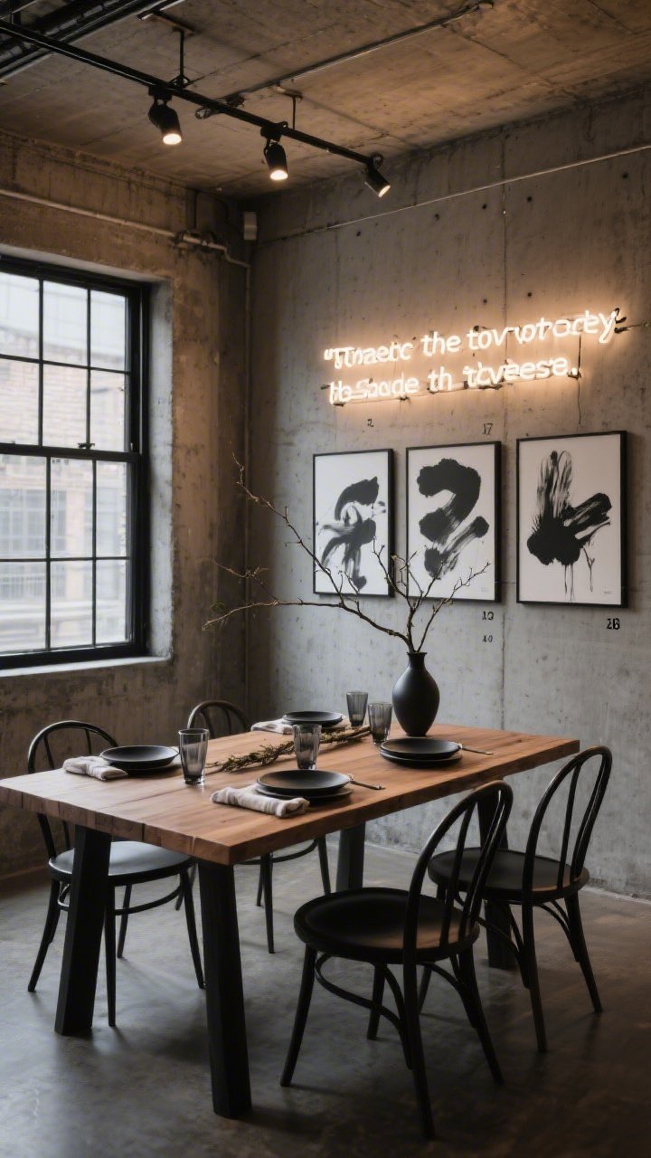 Medium dining scene in an urbane loft: raw concrete walls, black steel windows, a chunky natural oak table with sleek wishbone chairs. On the back wall, a custom warm-white neon sign of a short Scripture line in clean typography, dimmable around 3000K, setting an art-gallery vibe. Table styling includes matte black stoneware plates, linen napkins, smoky glass tumblers, and a long branch centerpiece in a sculptural vase. Subtle track lighting dimmed to let the neon glow dominate; include a minimal triptych of abstract ink washes with tiny reference numbers. Industrial-cool, dramatic, photorealistic.