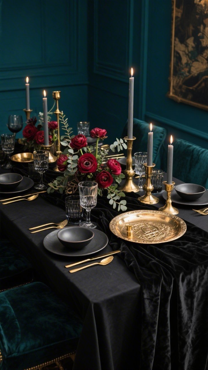 Medium dramatic shot, Moody Luxe With Brass And Velvet: deep ink blue or emerald walls, charcoal/black tablecloth, layered velvet runner and plush velvet seat cushions; black stoneware plates, high-shine brass flatware; a hammered brass Seder plate anchoring the setting; tall mixed-height candlesticks in antique brass and smoke-gray glass clustered for glow; cut-crystal wine goblets and smoky tumblers; low footed bowls with deep burgundy ranunculus, anemones, and eucalyptus; candlelit, cinematic ambience with warm highlights on brass; slight low-angle perspective to emphasize depth, photorealistic.
