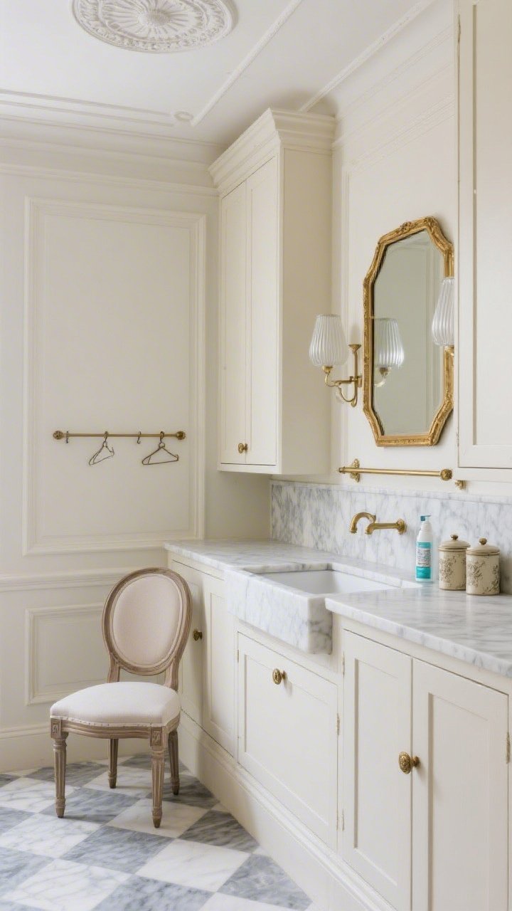 Medium, elegant Parisian classic vignette focused on cabinetry and sink wall: creamy paneled cabinets with delicate applied moulding and antique brass knobs; Carrara marble countertop with a short marble curb backsplash; petite gray-and-white checkerboard marble floor. Tall baseboards and a ceiling medallion are visible, with a fluted-glass flush mount light. Over the sink, a gold-framed mirror reflects soft daylight; detergents decanted into vintage-style canisters. A slim brass rail beneath wall cabinets holds a few hangers; a petite Louis-style chair tucks beside the counter. Quiet-close sophistication, soft gray and cream palette, photorealistic.