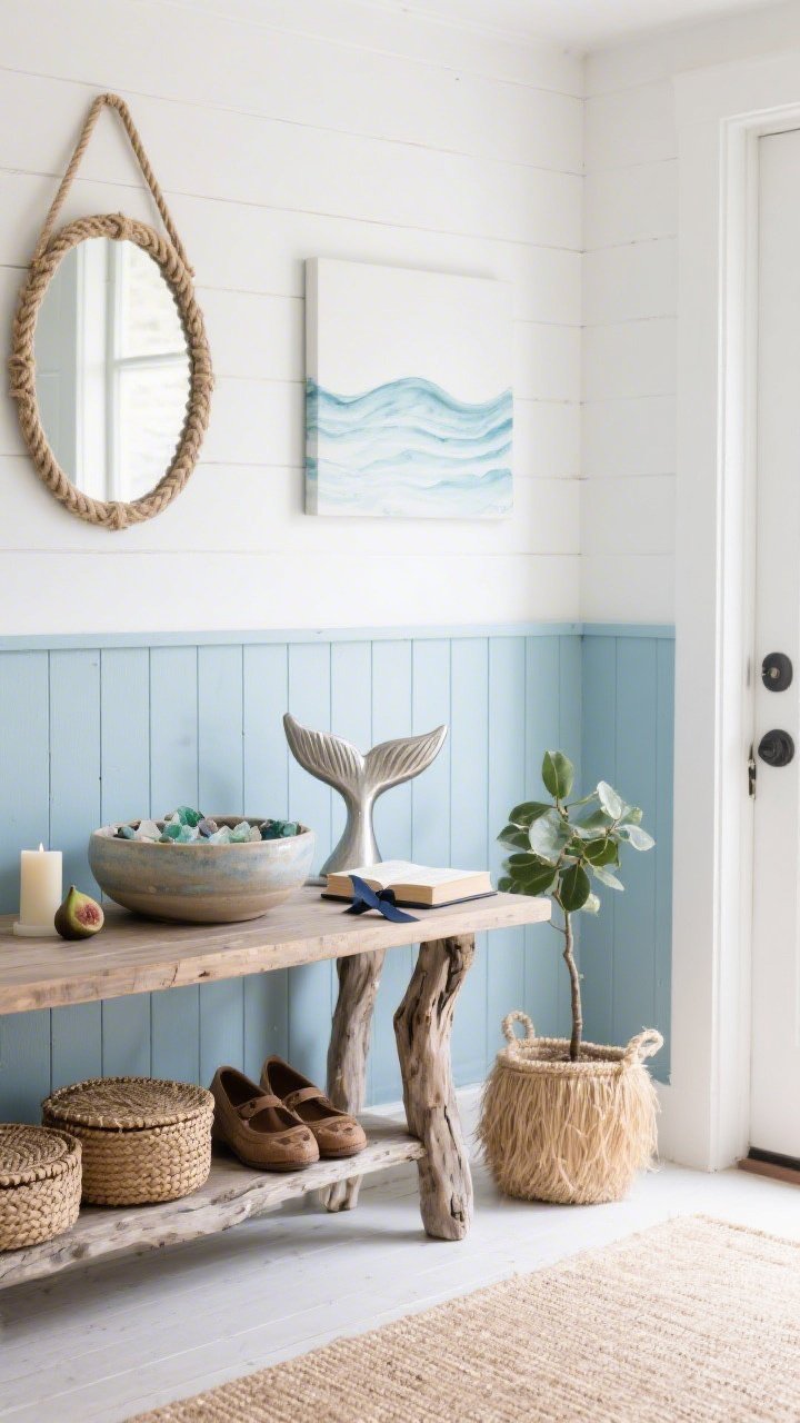Medium entryway corner angle with coastal calm: pale blue beadboard meeting white shiplap, sand-colored runner along the floor, reclaimed driftwood console table. On the console, a Jonah-and-the-sea inspired centerpiece—hand-thrown ceramic bowl filled with sea glass, a smooth brushed-nickel whale-tail sculpture, and a small open Bible with a navy silk ribbon. Above hangs a soft-wave watercolor washed in salt-light. Accents include a rope-wrapped mirror, rattan lidded baskets for shoes, and a seagrass planter with a fig tree. Palette of ocean blues, sandy neutrals, crisp whites; subtle sea-salt candle nearby. Soft natural daylight.