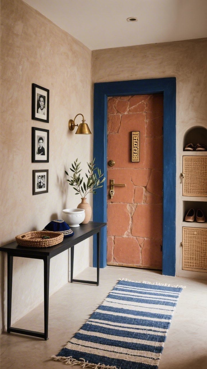 Medium entryway scene: A deep blue doorframe with a prominently mounted mezuzah, set against a muted clay door that nods to Jerusalem stone; a slim black console table holding a white ceramic key bowl, a woven tray with kippot, and a petite vase of olive branches; a hand-loomed runner in indigo and cream stripes; a vintage-style brass sconce spotlighting the mezuzah; a tidy gallery of small black-and-white family photos; hidden shoe cubby with cane-front doors; earthy palette of terracotta, oatmeal, and midnight blue; softly lit, welcoming, photorealistic.