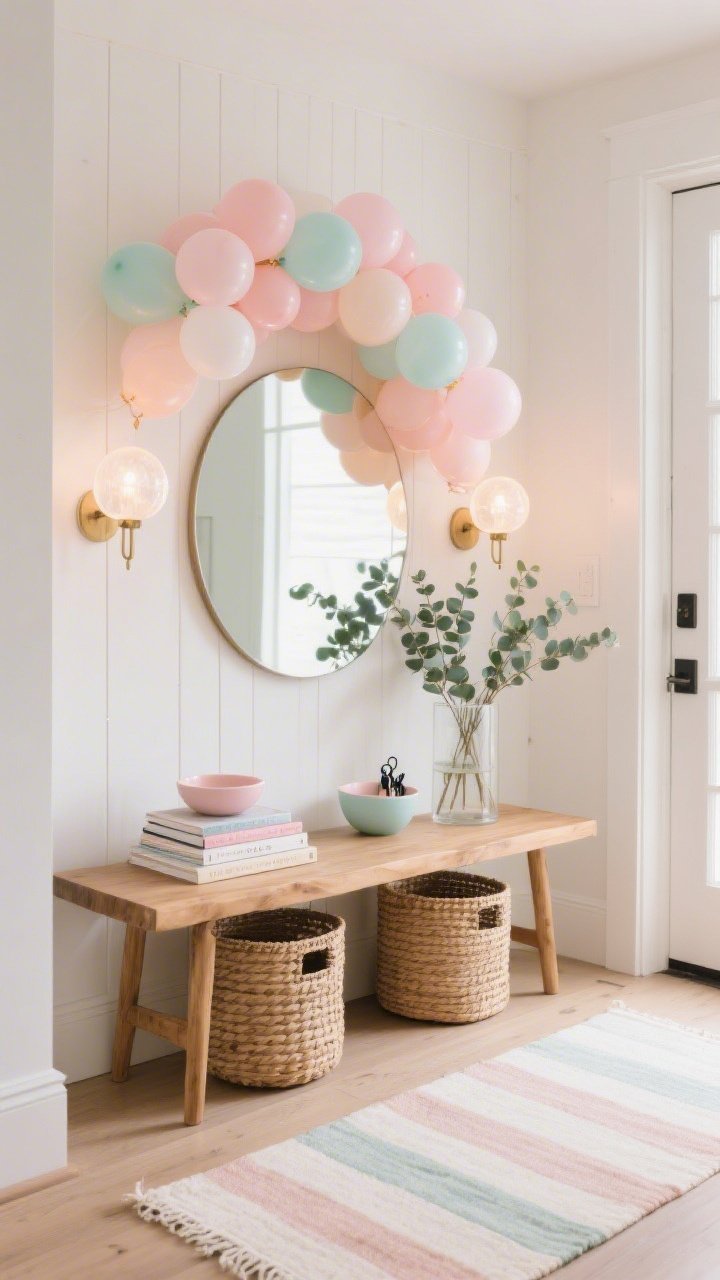 Medium entryway scene from a corner angle: pastel balloon arch floating around an entry console against a white wall or pale wood panel; natural wood bench with woven baskets beneath for storage; big round mirror reflecting the arch’s colors; console styled with stacked coffee table books and a pastel bowl for keys; eucalyptus stems in a tall glass cylinder; runner rug in soft stripes along the floor; pair of sconces with frosted globes providing diffused, welcoming light; photorealistic, bright and joyful first impression.