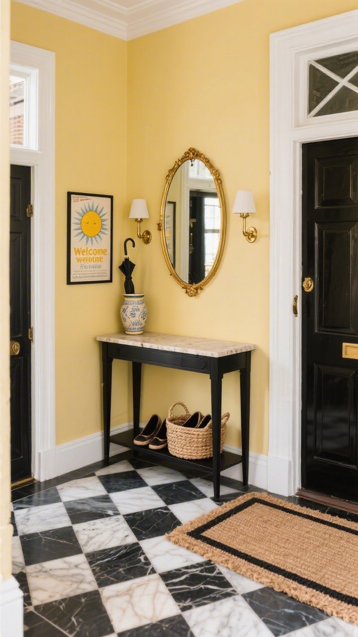 Medium entryway shot from doorway: Refined foyer with butter yellow walls and white trim, classic black-and-white checkerboard stone floor, a slim black console with a travertine top, an arched gilded mirror above, lacquered brass hooks on the wall, a ceramic umbrella stand beside the console, a woven basket for shoes underneath, petite sconces flanking the mirror, a framed vintage poster with sunny typography, and a natural coir welcome mat with a black stripe border; warm, sophisticated townhouse first impression, photorealistic.