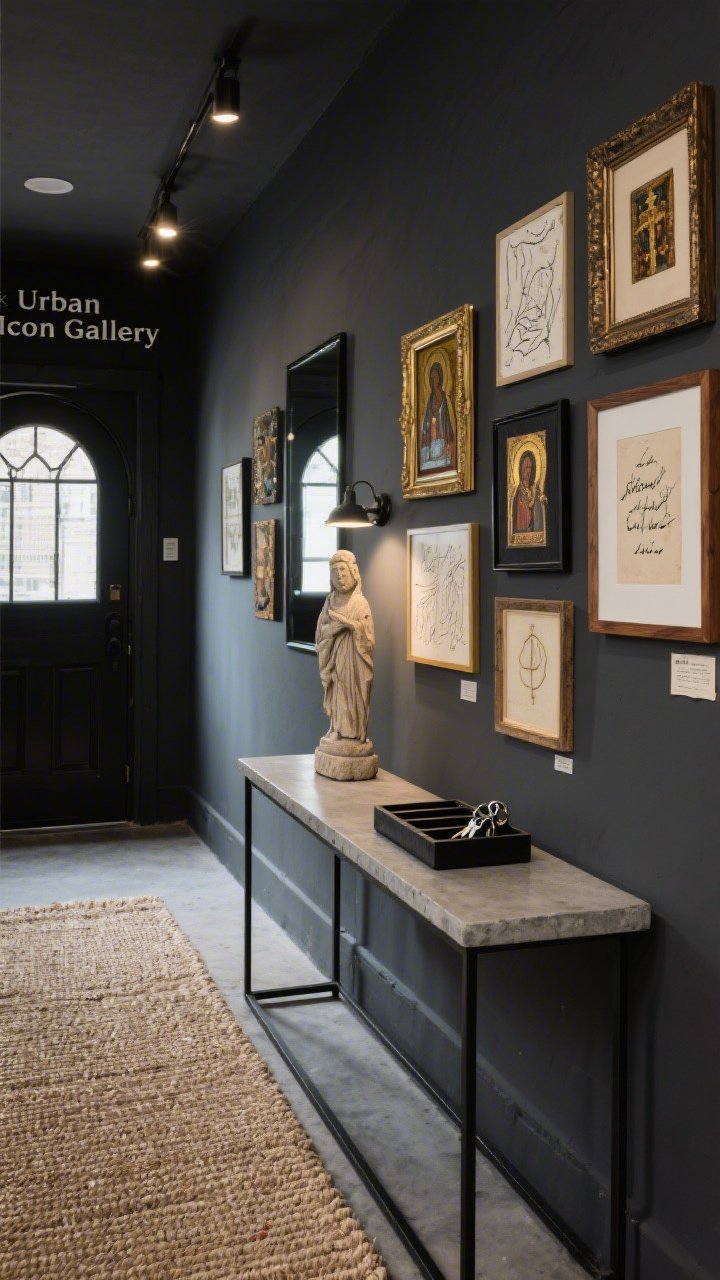 Medium entryway, straight-on: “Urban Icon Gallery” with charcoal-painted walls, a narrow black metal console with a concrete-look top holding a key tray, a salon-style gallery of mixed-media devotional art—small icons, line drawings, calligraphy, vintage prayer cards—in mismatched antique gold, black, and wood frames, a single stone or carved-wood statue spotlighted by a picture light for a museum glow, a flat sisal runner underfoot, and a matte black arched-top mirror evoking sanctuary windows; moody, art-forward lighting.