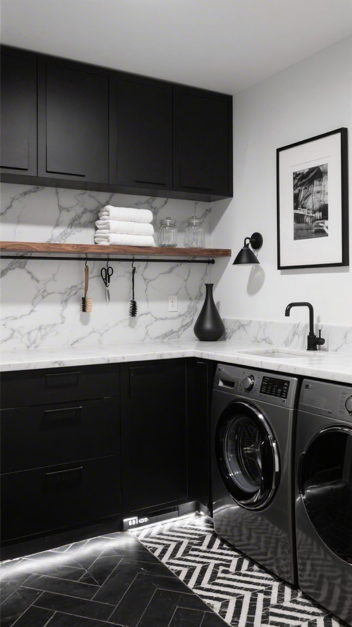 Medium, gallery-style corner angle of a modern monochrome laundry: super-matte black flat cabinets with integrated pulls, white quartz countertop and full-height backsplash with dramatic gray veining. Black herringbone porcelain floor with a slight sheen. Above machines, a floating shelf in blackened oak styled with stacked white towels, clear apothecary jars, and a single sculptural vase. Matte black sconces flank a framed monochrome print; a gallery rail with hanging lint brush and scissors lines the backsplash. A slim runner with bold black-and-white geometric pattern grounds the scene. Motion-sensor toe-kick lighting glows softly. High-contrast, crisp, photorealistic.