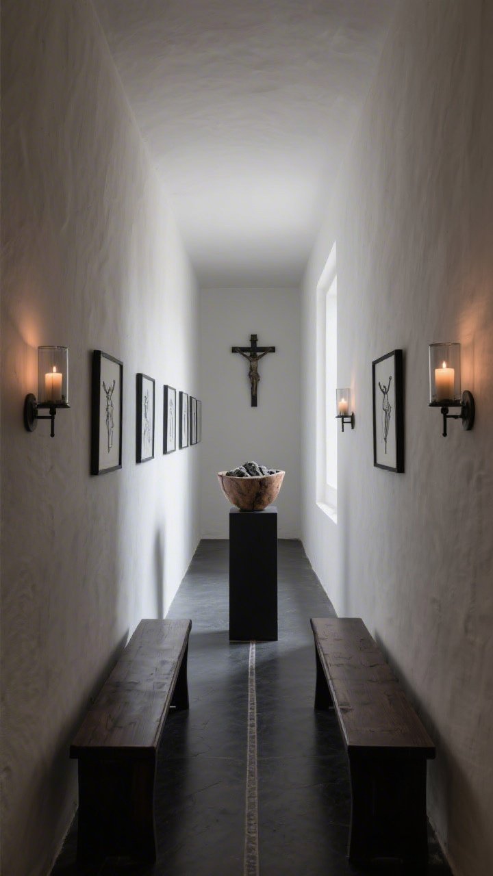 Medium, hallway-like perspective of a side chapel turned Stations-inspired walk; walls lined with small black-framed monochrome sketches hinting at the Stations, each with a single battery votive in smoked-glass sconces casting dusk-like glows; a narrow charcoal runner along the floor signaling pilgrimage; two simple dark-wood prayer benches; a low black pedestal centered with a rough-hewn wooden bowl filled with ash or stones; deep shadows on matte surfaces; silence and architectural stillness.
