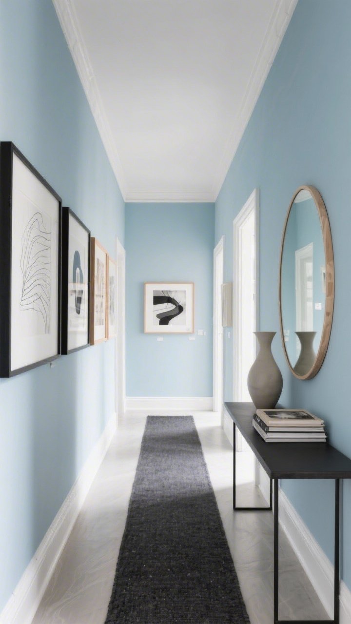 Medium hallway shot: A modern gallery hallway with soft sky blue walls and clean high-gloss white trim, anchored by a black metal console and a charcoal runner; mixed thin-profile frames in black, white, and light oak displaying abstracts, line sketches, and monochrome photography; a slim arched mirror, sculptural vase, and a small stack of coffee-table books on the console; tidy, intentional styling, photorealistic, even daylight, slight low-angle perspective to emphasize length.