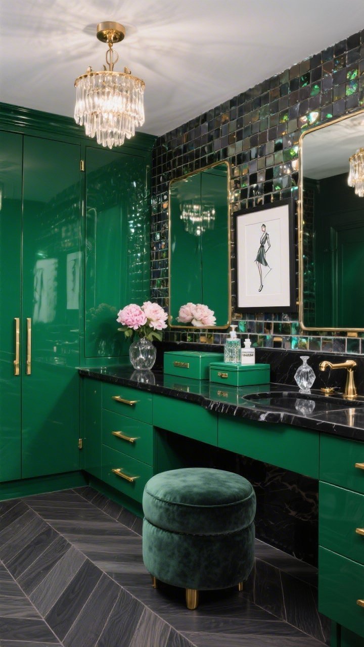 Medium, high-gloss jewel-box glam composition: emerald lacquer cabinetry with polished brass bar pulls, black quartz waterfall-edge counter, and a mirror tile mosaic backsplash reflecting sparkle. Charcoal chevron wood-look tile floor. Overhead, a petite chandelier glints; on the counter, lacquered storage boxes and faceted glass bottles of soap. A plush emerald or charcoal velvet stool and a framed fashion sketch complete the luxury dressing-room energy; a small vase with fresh peonies adds a soft touch. Palette: emerald, black, brass, smoke; textures: lacquer, mirror, velvet. Dramatic, photorealistic.