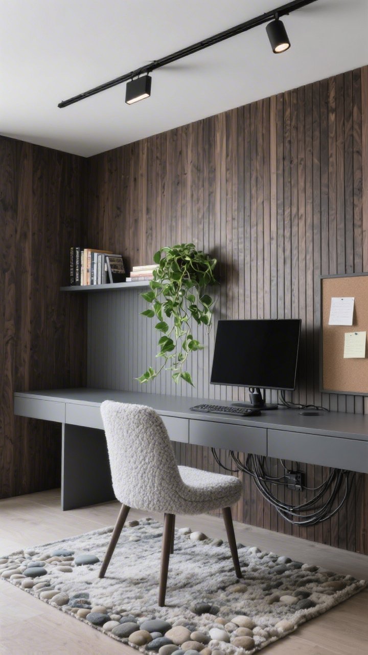 Medium home office focus wall shot: smoked oak vertical slat wall behind a graphite desk with cable management; built-in floating shelf at eye level holding a few books and a trailing pothos plant to soften the lines; light gray boucle desk chair; low wool rug in pebble tones; minimal black track light overhead washing the slats with a soft glow; matte black monitor arm keeps the surface clear; subtle hidden pinboard between slats hinted at by a couple of tidy notes; palette of graphite, smoked oak, soft gray, leafy green; organized, productivity-forward mood, photorealistic, no people.