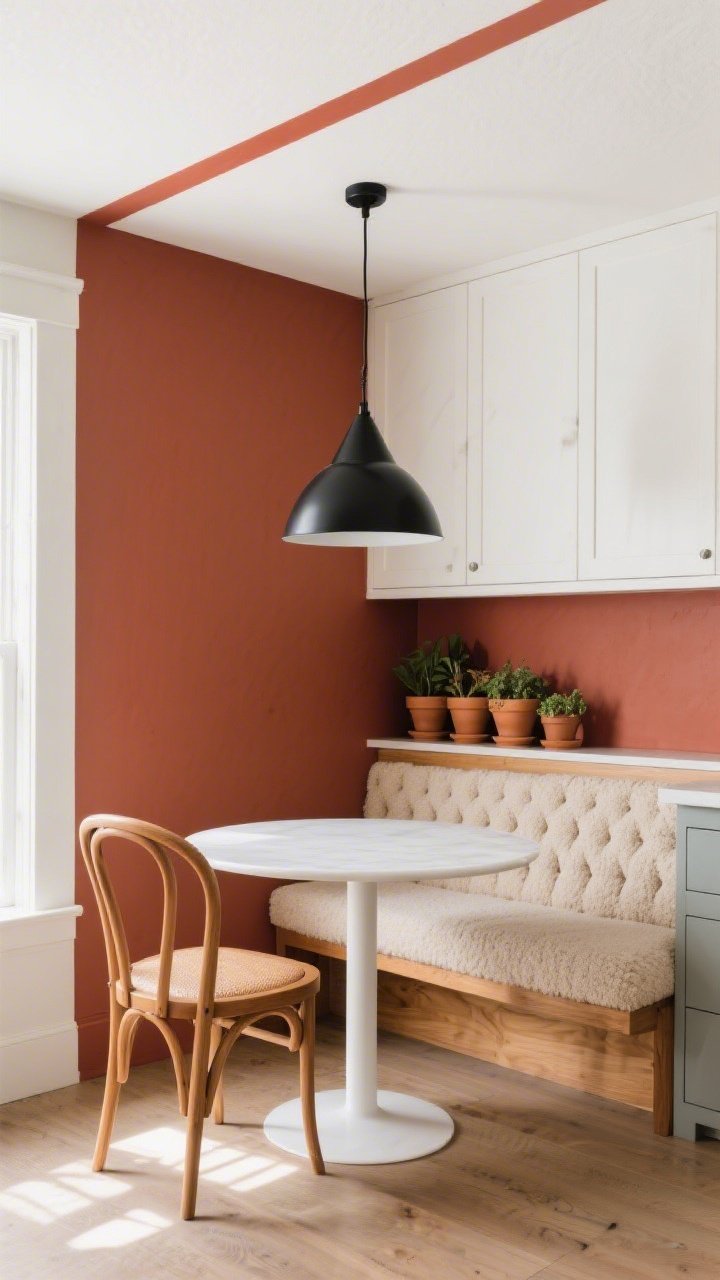 Medium kitchen nook, contemporary: banquette wall painted rust creating a cozy corner; white pedestal table, oak wishbone chairs, tufted bench cushion in nubby oatmeal bouclé; cabinetry in warm white/greige kept soft in the background; overhead matte-black cone pendant anchoring the space; cluster of terra-cotta planters on sill/table; optional narrow rust stripe or half-height paint line elongating the ceiling; palette rust, warm white, oak, black, terra-cotta; bright morning natural light; shot from a side angle.