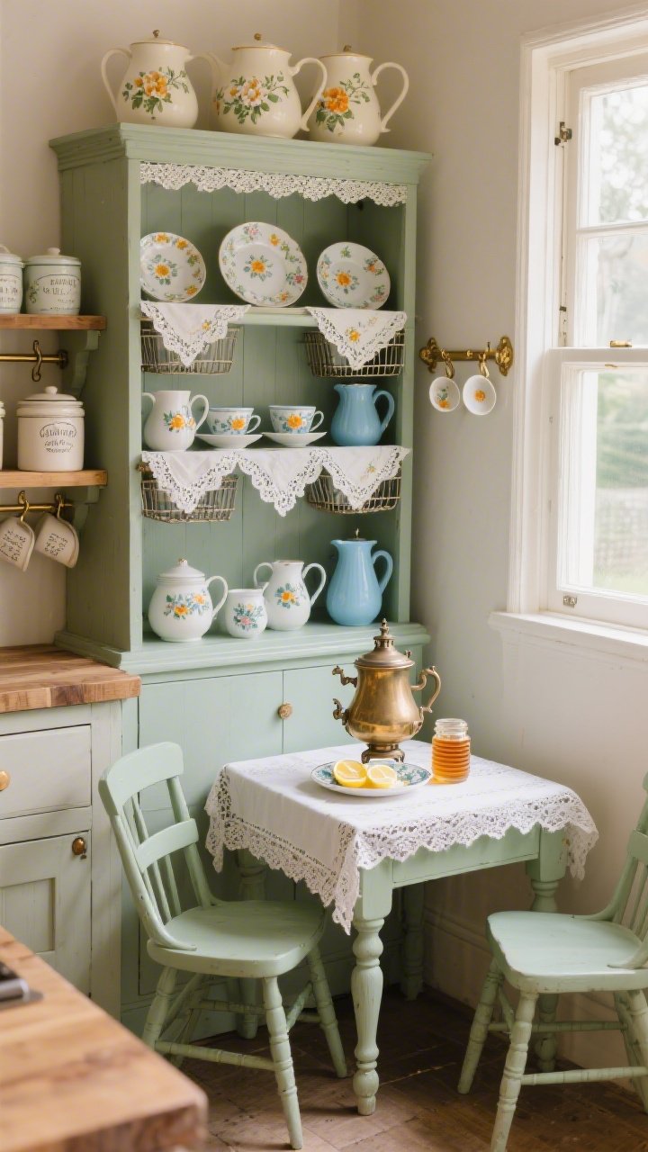 Medium kitchen nook shot, slight corner angle: A freestanding Welsh dresser displaying stacked teacups, saucers, and floral pitchers in cream, chamomile, and robin’s-egg blue, with lace edging lining the shelves and muted floral napkins tucked into tiny wire baskets. Beneath a window, a small antique table with turned legs is dressed in a lace tablecloth and topped with a petite samovar, honey jar, and lemon slices on a transferware plate. A pair of painted Windsor chairs in chalky sage flanks the table. Surrounding finishes include butcher-block counters, ceramic canisters with script labels, and a brass rail with floral teacup hooks. Warm, bustling atmosphere scented with Earl Grey and orange blossom, bathed in cozy natural daylight.