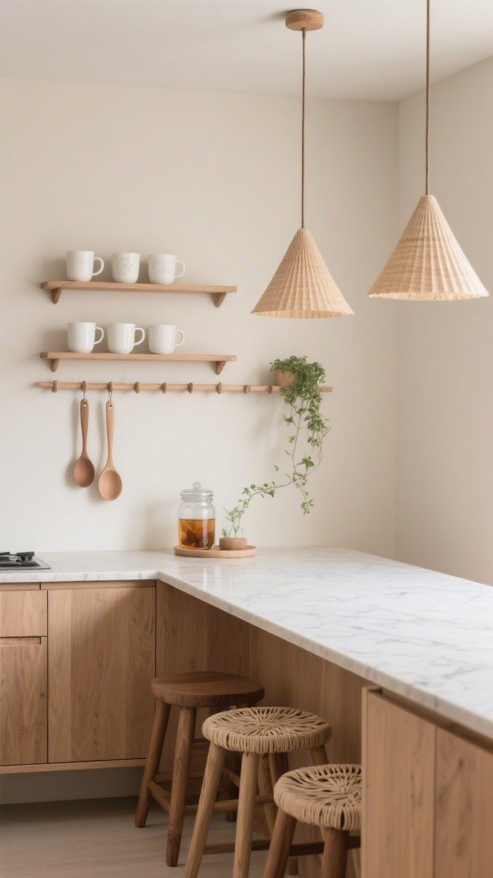 Medium kitchen vignette, straight-on: A pale linen-colored accent wall above a low sideboard/breakfast zone featuring a modular oak peg-rail system with removable shallow shelves; curated display of white stoneware mugs, two wooden ladles, a glass jar of tea, and a tiny trailing herb; flat-panel oak cabinetry with a matte finish and honed light quartz counters with subtle veining; backless oak stools with woven paper-cord seats under the counter; twin natural-paper cone pendants providing soft, warm light; minimalist yet homey Japandi feel; photorealistic.