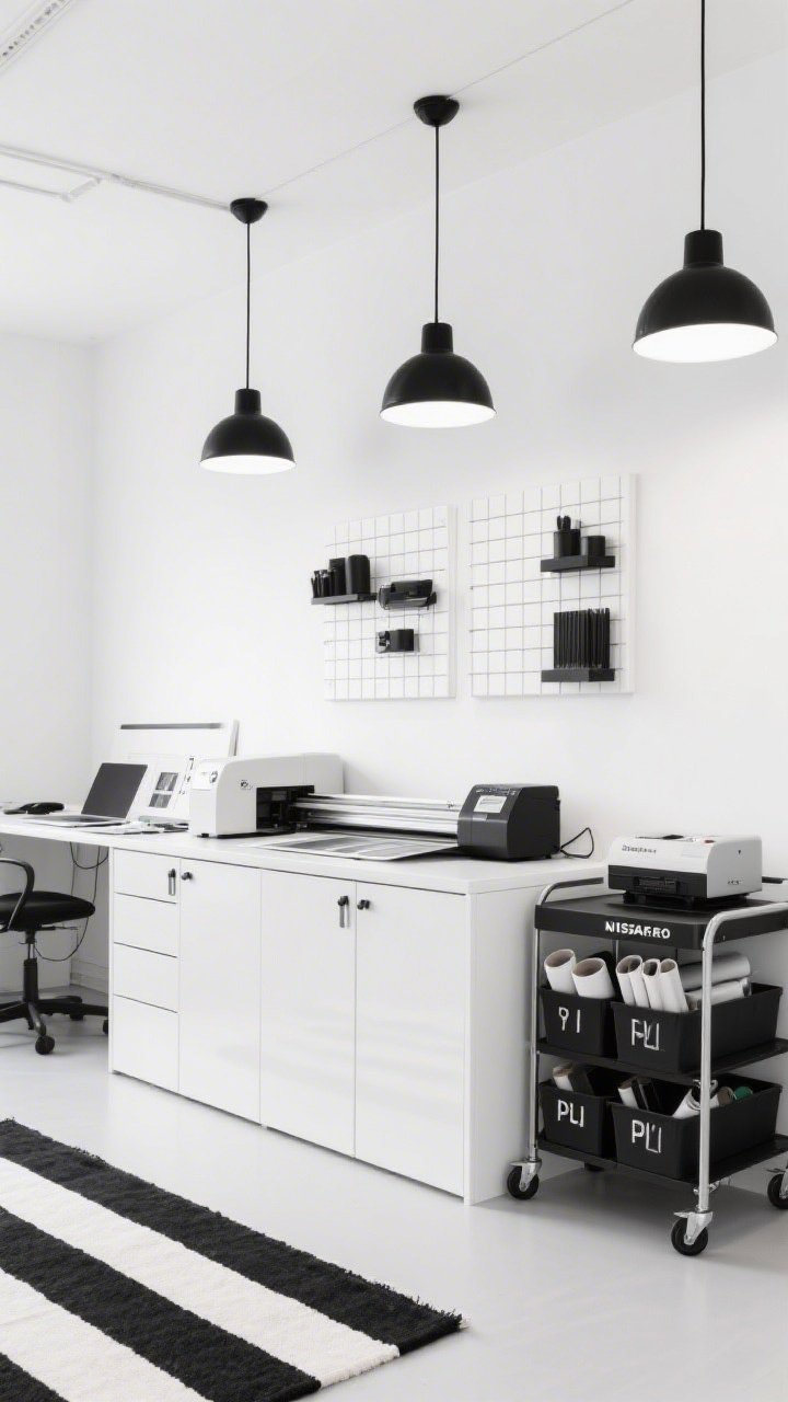 Medium linear workspace shot, Minimalist Black-and-White Print Lab: crisp white walls, matte black hardware, striped black-and-white cotton rug; a glossy white BESTÅ credenza with push-to-open doors hiding machines, topped with a slim LAGKAPTEN worktop; above, a white SKÅDIS grid trio with black accessories; left-to-right workflow visible: laptop design area, cutting machine, weeding station, and a NISSAFORS cart holding a heat press; PLUGGIS bins neatly storing vinyl rolls labeled in black; bright SKURUP black pendants providing even, high-key illumination; clean, graphic, monochrome aesthetic, photorealistic.