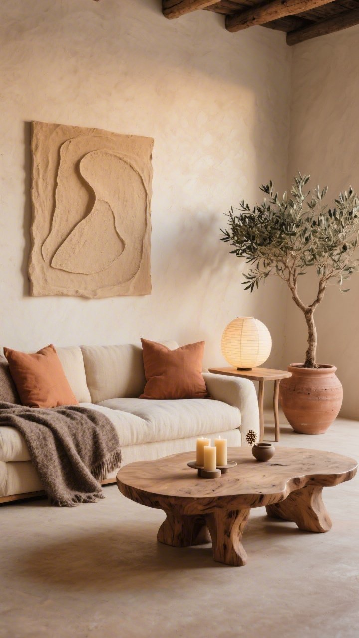 Medium living room scene evoking a desert retreat: a slouchy beige sofa layered with clay-colored pillows and a taupe wool throw; in front, a rounded carved wood coffee table with organic edges; wall art is abstract—either a sand-on-linen canvas or a textured wall sculpture; lighting includes beeswax tapers in simple holders on a side table and a softly glowing paper lantern like dusk; a single olive tree in a clay pot stands nearby; palette of sand, terracotta, ecru, and charcoal; textures of wool, raw wood, handmade ceramics; calm, warm-toned light, photorealistic, no people.