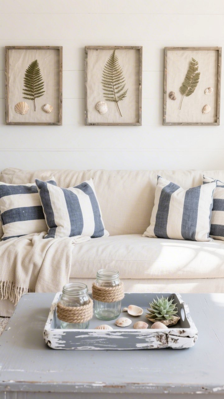 Medium living room scene with coastal calm: soft oatmeal throws over a light sofa, navy-and-white striped pillows and solid linen-look pillow covers from drop cloths. On the coffee table, a shallow driftwood-look tray (plastic with gray chalk paint, white dry-brushing, lightly sanded) holds rope-wrapped glass jars as hurricanes, scattered shells, and a tiny faux succulent. Behind the sofa, three DIY shadowbox frames with pressed ferns and small shells using linen-look backers. Color palette cream, sand, navy, weathered gray; textures rope, chalky paint, linen, glass. Natural daylight, relaxed seaside bungalow vibe.