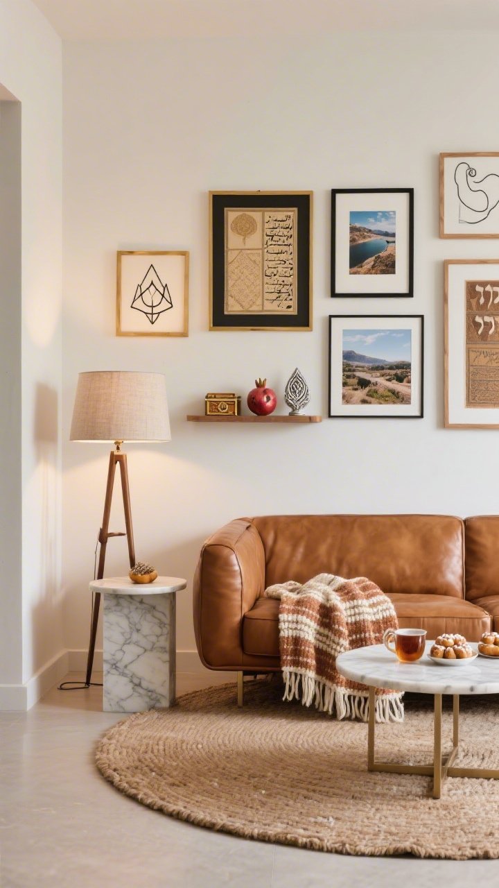 Medium lounge corner: Caramel leather sofa hugging a round wool rug, a layered gallery wall mixing framed ketubah art, Israel travel photos, and playful line drawings in brushed brass, matte black, and natural oak frames; a floating shelf displaying mini Judaica pieces—tiny spice box, miniature pomegranate sculpture, silver hamsa; a mid-century floor lamp with a linen shade casting soft glow; a marble-topped side table with tea and sufganiyot; woven throw in clay and cream tying the palette; cozy, story-rich, photorealistic.