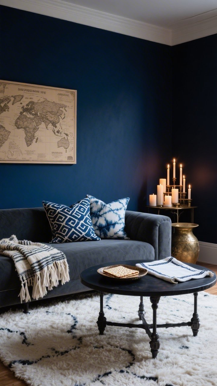 Medium lounge shot, Moody Indigo Lounge: dramatic and cozy living area with a deep navy matte accent wall, a low-profile charcoal sofa covered in indigo block-printed and shibori pillows, woven throws and fringed wool textiles; circular blackened-metal coffee table on a plush off-white rug; decor tray holding a simple white linen matzah cover with midnight piping; vintage-style Near East map in sepia tones on the wall; layered candles of different heights creating a soft, watchful glow; palette of indigo, midnight blue, charcoal, antique brass, and crisp white; evening lighting, photorealistic.