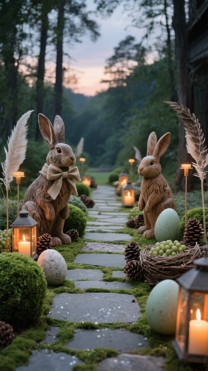 Medium, low-angle pathway view at dusk: mossy pavers lined with low boxwood spheres lead forward; carved wood rabbit sculptures and smooth stone eggs are nestled among pinecones, grapevine nests, and muted feather accents; warm stake lights and lanterns with flameless candles cast an amber glow; one rabbit wears a burlap-and-satin bow; hues of sage, moss, stone gray, and cream; dewy textures and gentle shadows; photorealistic woodland charm.